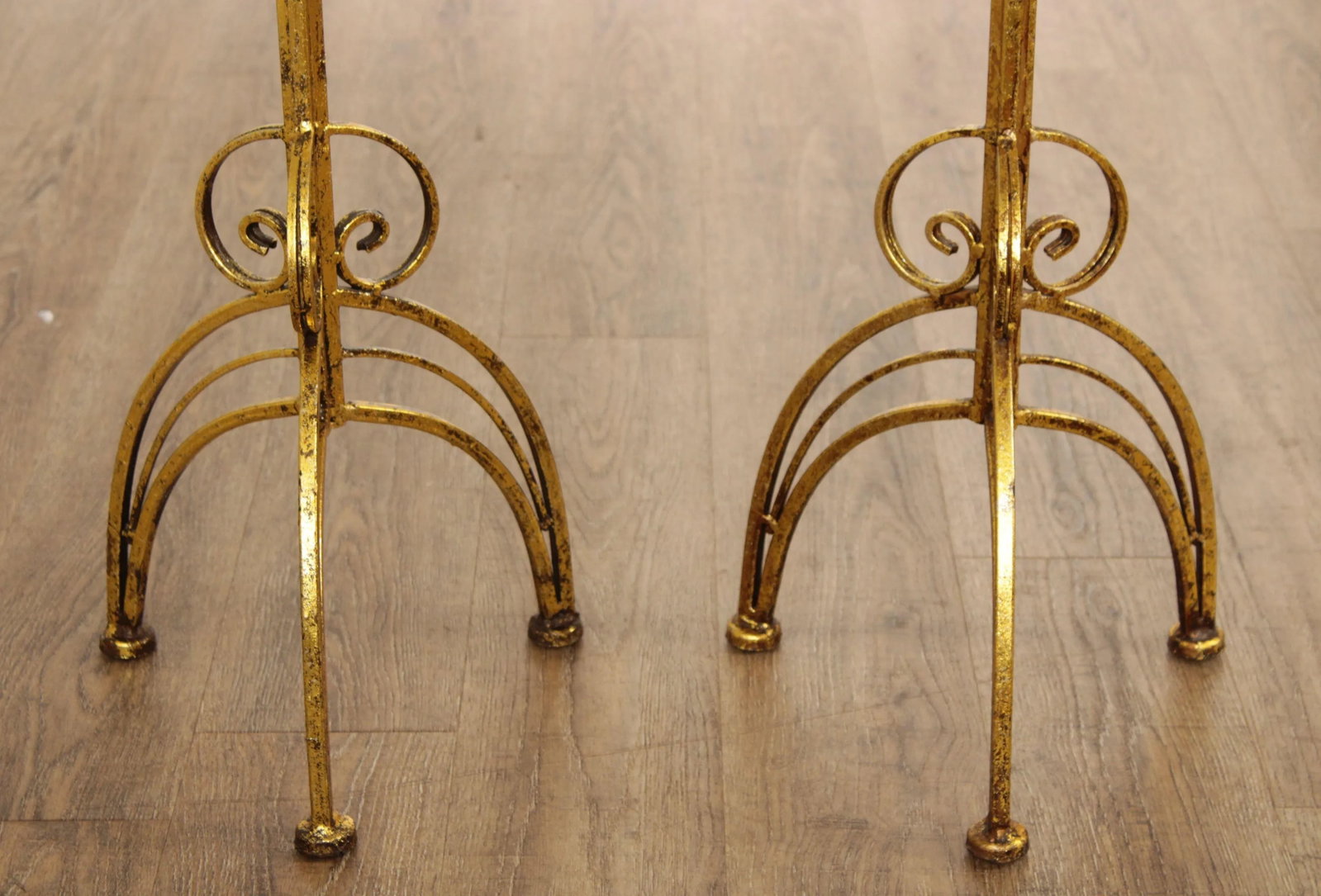 Hollywood Regency Gilt Metal Scroll Candle Stands - A Pair - 9