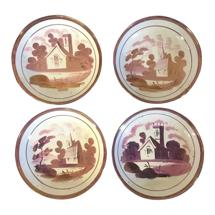 Antique Early 19th Century English Staffordshire Pearlware Pink Luster Dish Plates - Set of 4: Set 4 antique early 19th century English Staffordshire pearlware pink luster saucer dishes. Decorated with church and cathedral buildings in a landscape. Bright strong color. Each measures 5 3/8" diam