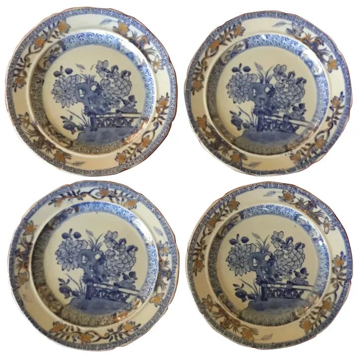 Antique Early 19th Century Mason's Patent Ironstone China Bread Plates with Gate & Peony - Set of 4 - 11