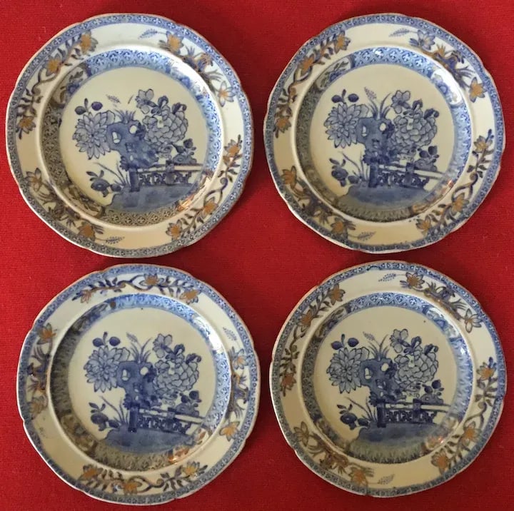 Antique Early 19th Century Mason's Patent Ironstone China Bread Plates with Gate & Peony - Set of 4 - 8