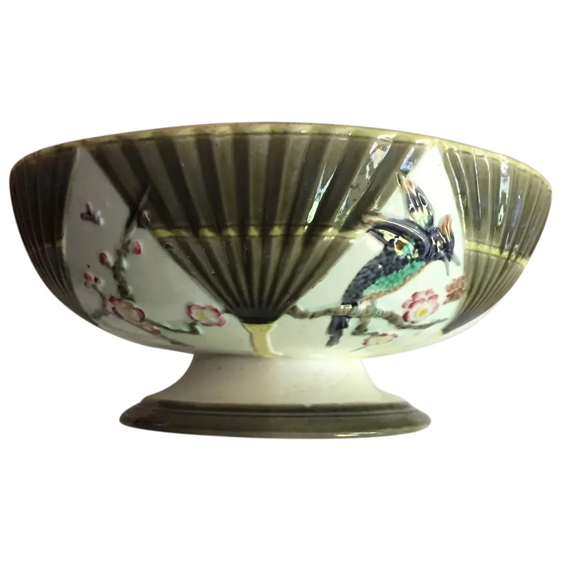 Antique 19th Century Wedgwood Majolica Argenta Ware Footed Bowl Decorated with Birds and Fans - 11