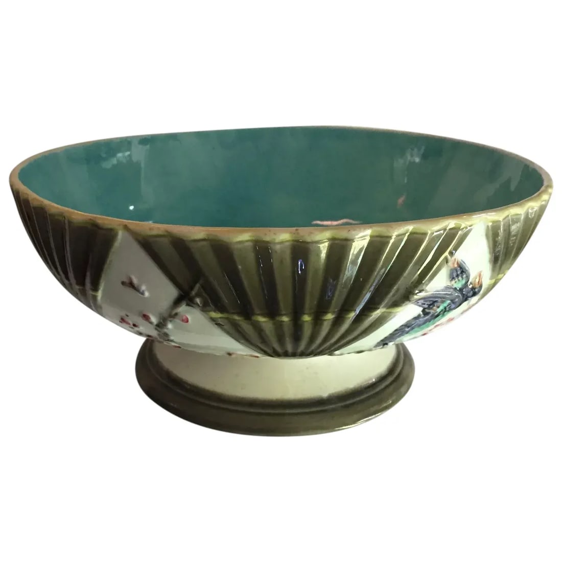 Antique 19th Century Wedgwood Majolica Argenta Ware Footed Bowl Decorated with Birds and Fans - 13