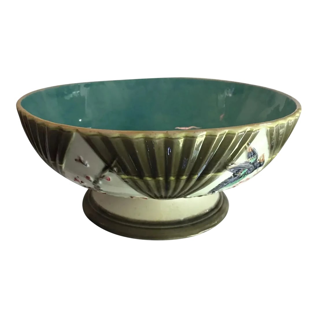 Antique 19th Century Wedgwood Majolica Argenta Ware Footed Bowl Decorated with Birds and Fans: Antique 19th century Wedgwood majolica Aesthetic Movement footed bowl for punch or fruit. Decorated with alternating panels of birds and flowering prunus branches separated by fans. Measures 9 1/2"
