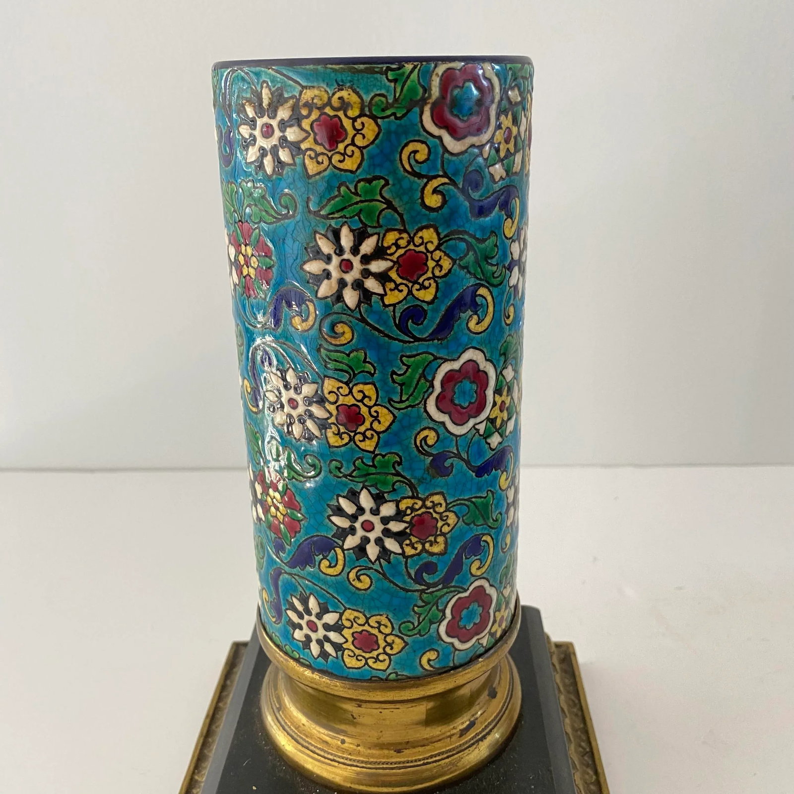 Antique Longwy French Enameled Floral Oil Lamp Base - 2