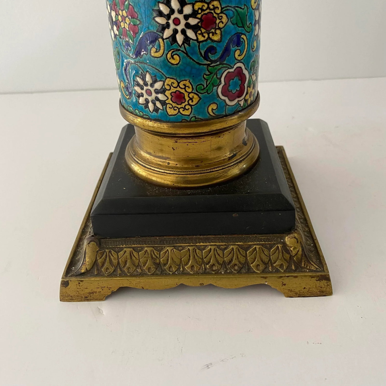 Antique Longwy French Enameled Floral Oil Lamp Base - 3