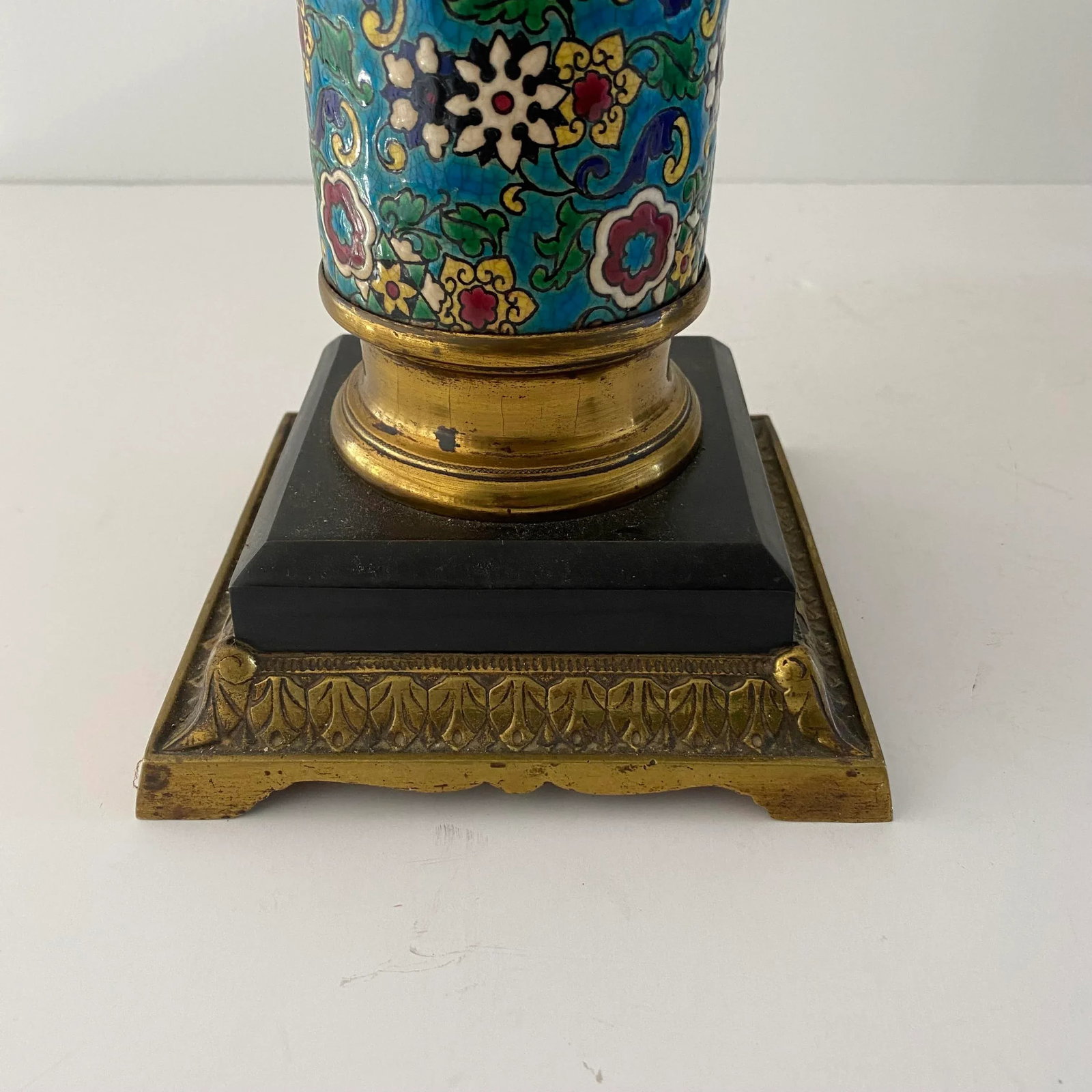 Antique Longwy French Enameled Floral Oil Lamp Base - 4