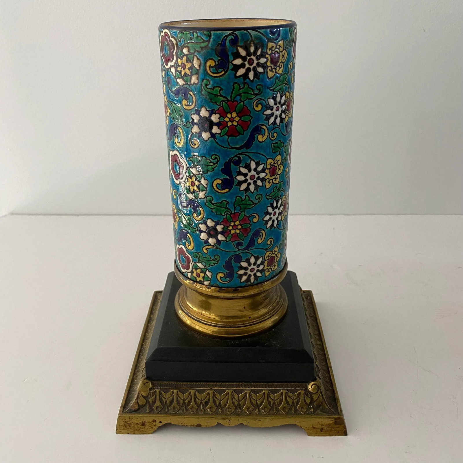 Antique Longwy French Enameled Floral Oil Lamp Base - 7