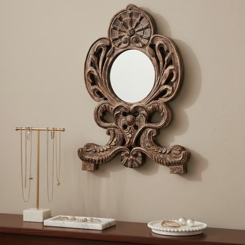 Vintage Carved Distressed Wood Accent Wall Mirror - 2