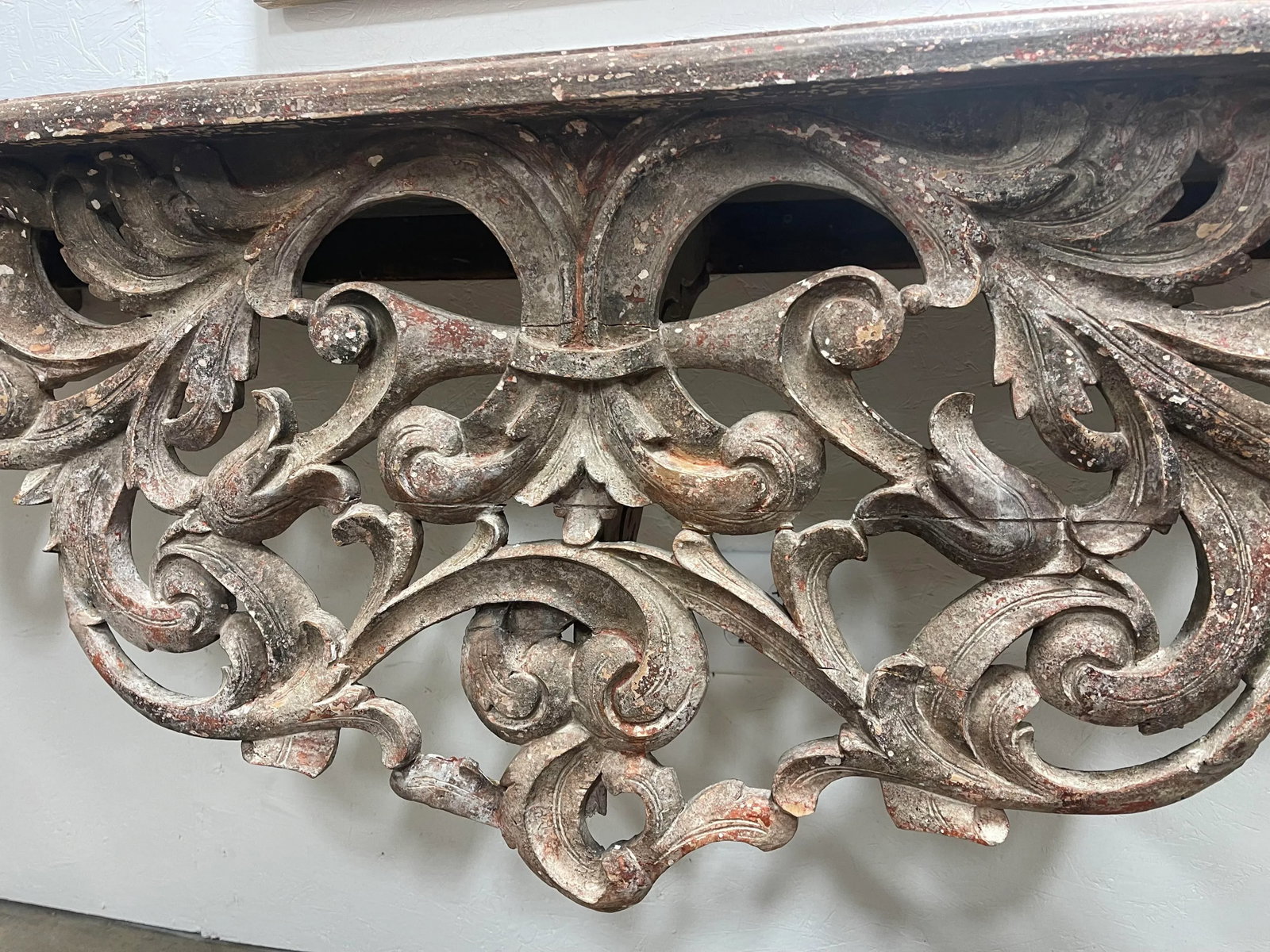 19th Century French Carved and Distressed Wood Wall Mounted Console Table - 2