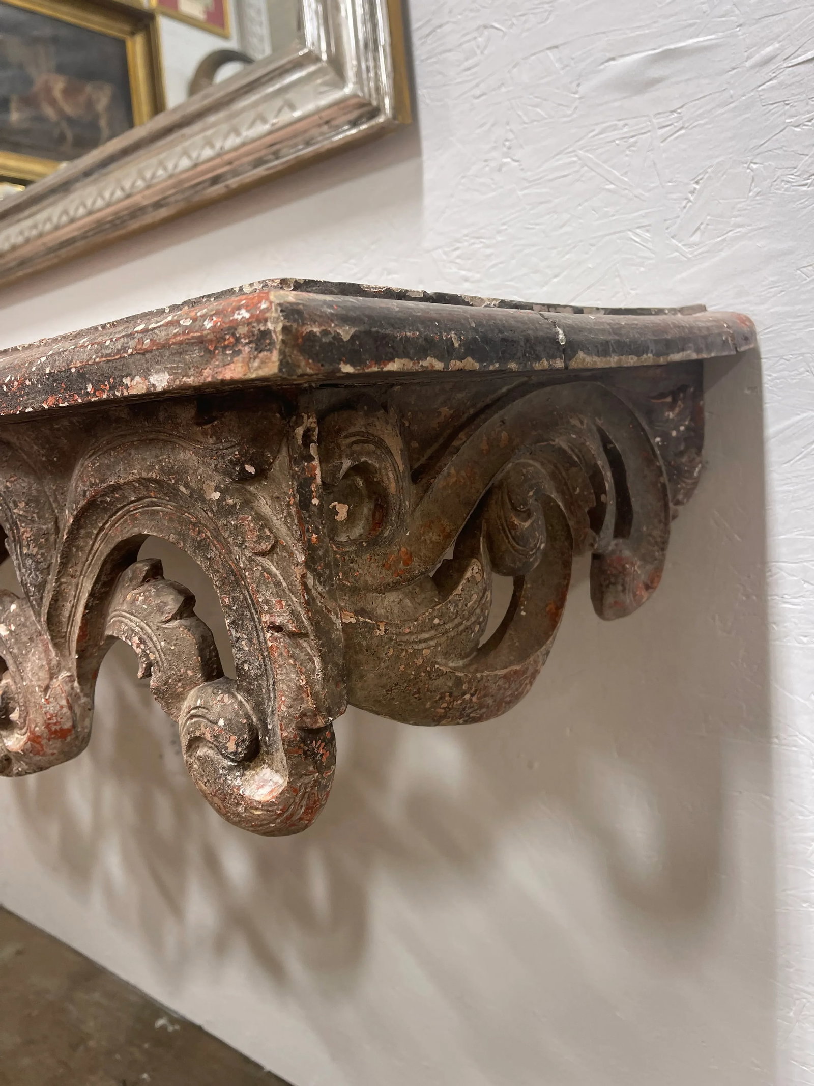 19th Century French Carved and Distressed Wood Wall Mounted Console Table - 3