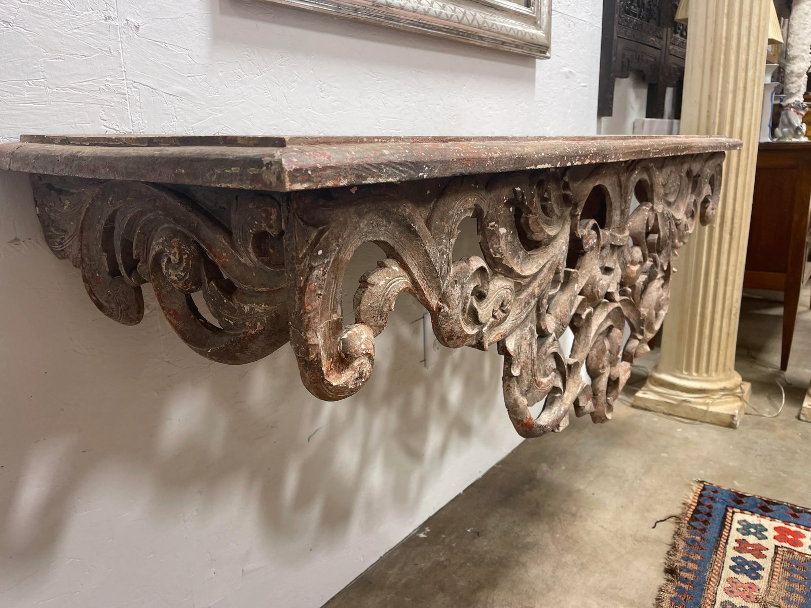 19th Century French Carved and Distressed Wood Wall Mounted Console Table - 4