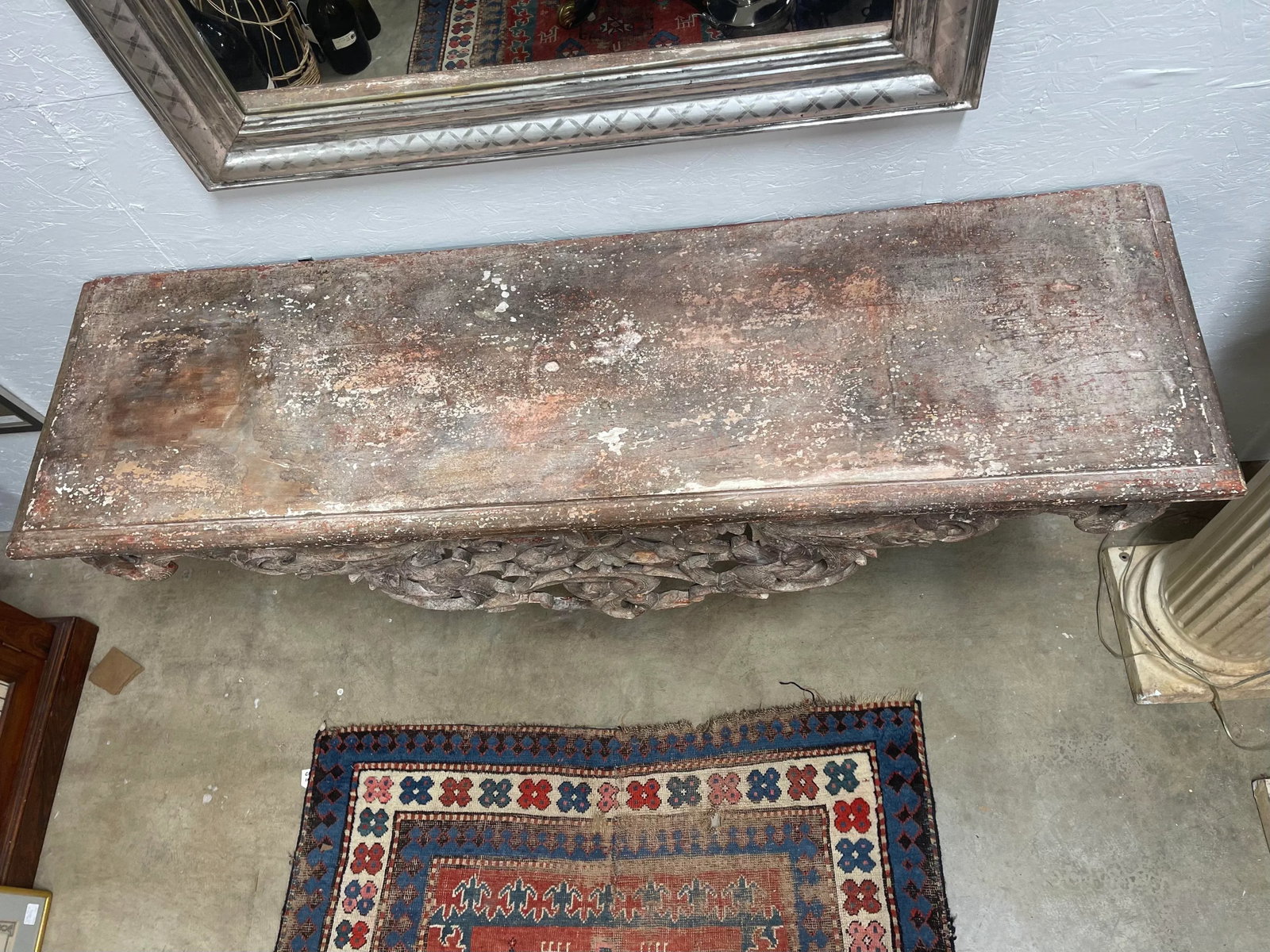 19th Century French Carved and Distressed Wood Wall Mounted Console Table - 7