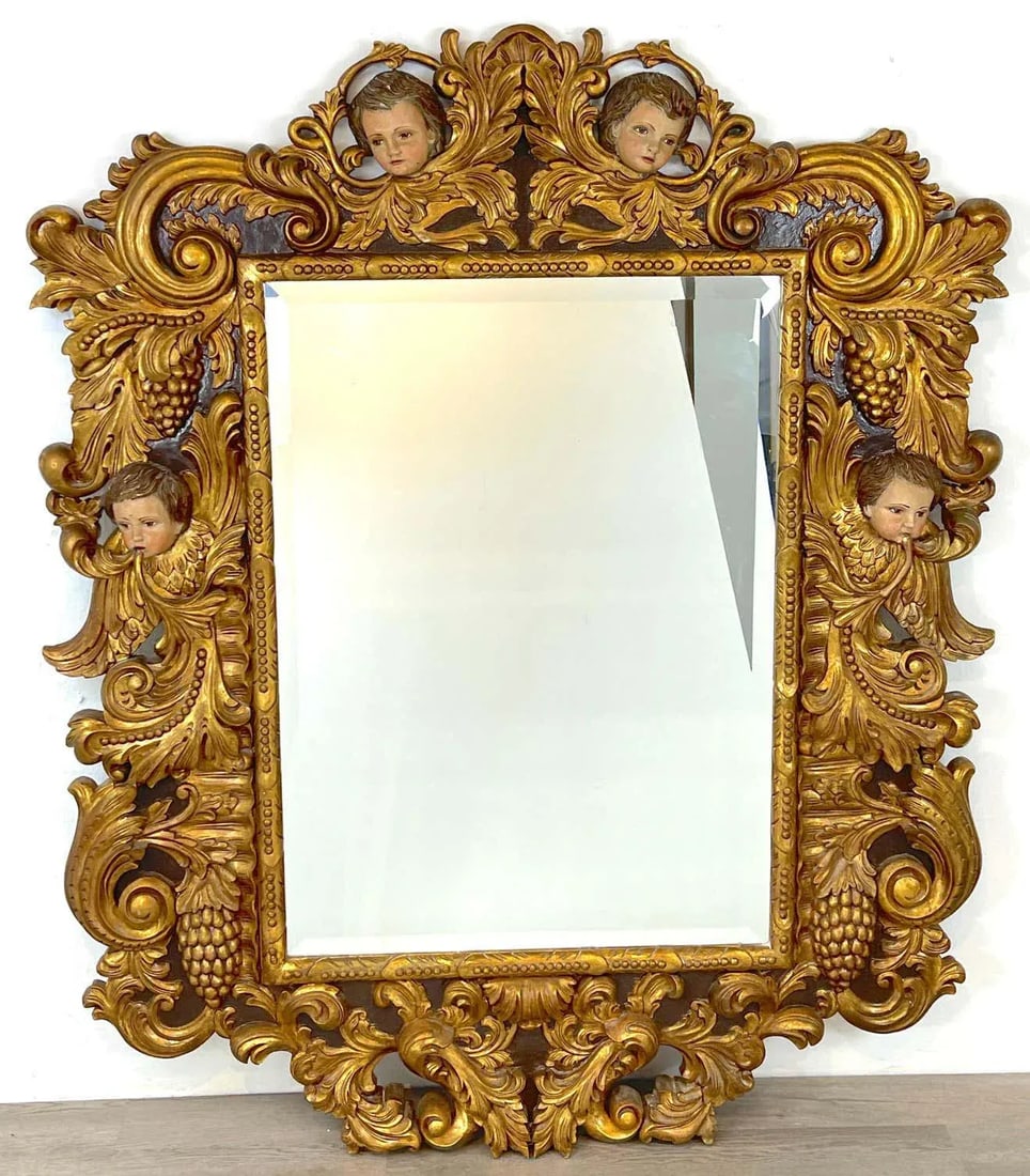Early 20th Century Palatial Italian Carved Figural Giltwood & Polychromed Baroque Style Mirror - 5