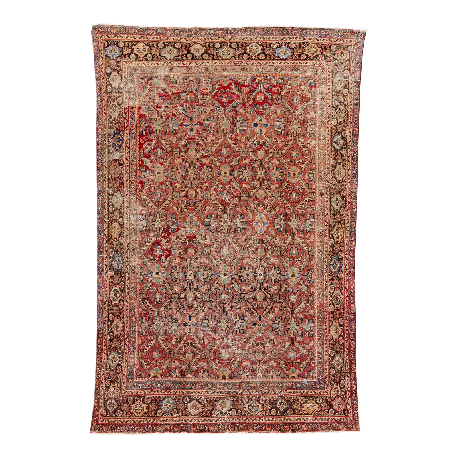 Vintage Mahal Handmade Rust Geometric Wool Rug: Beautiful hand-knotted Mahal wool rug with a rust field. This piece has a multicolor accents in allover floral design. This rug measures 7'8'' x 12'5''. Condition: Alterations: Original Condition Unal