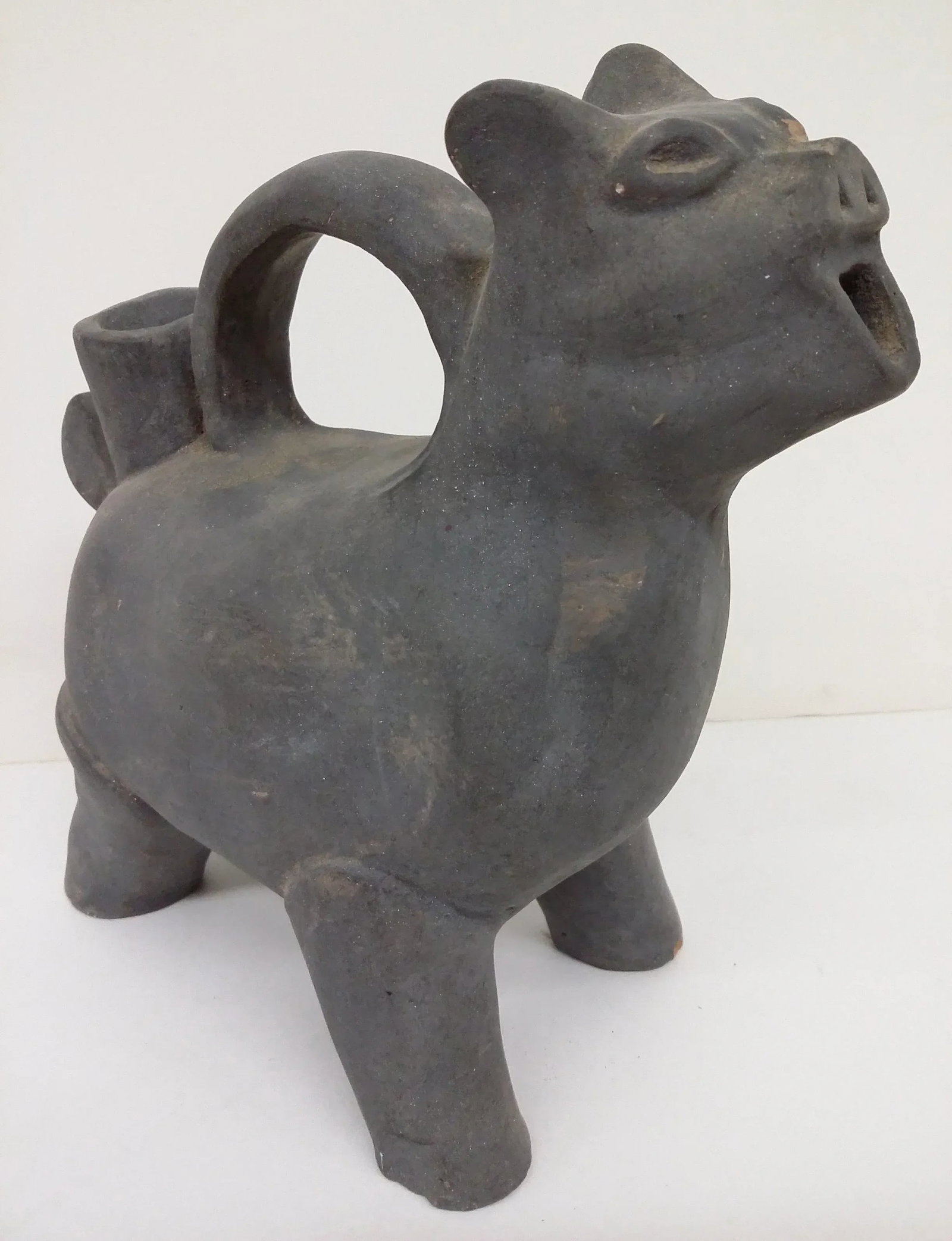 Antique Asian Gray Earthenware Animal Vessel - 2