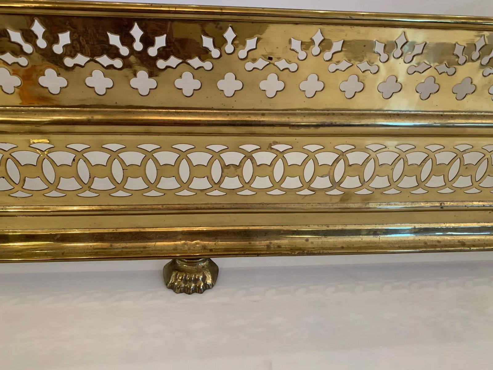 Antique English Pierced Brass Fireplace Fender - 2