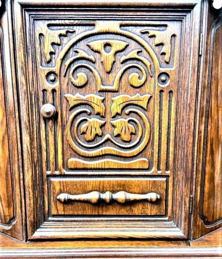 Antique Spanish Revival Solid Oak Liquor Cabinet or Linen Press - Early 20th Century - 2