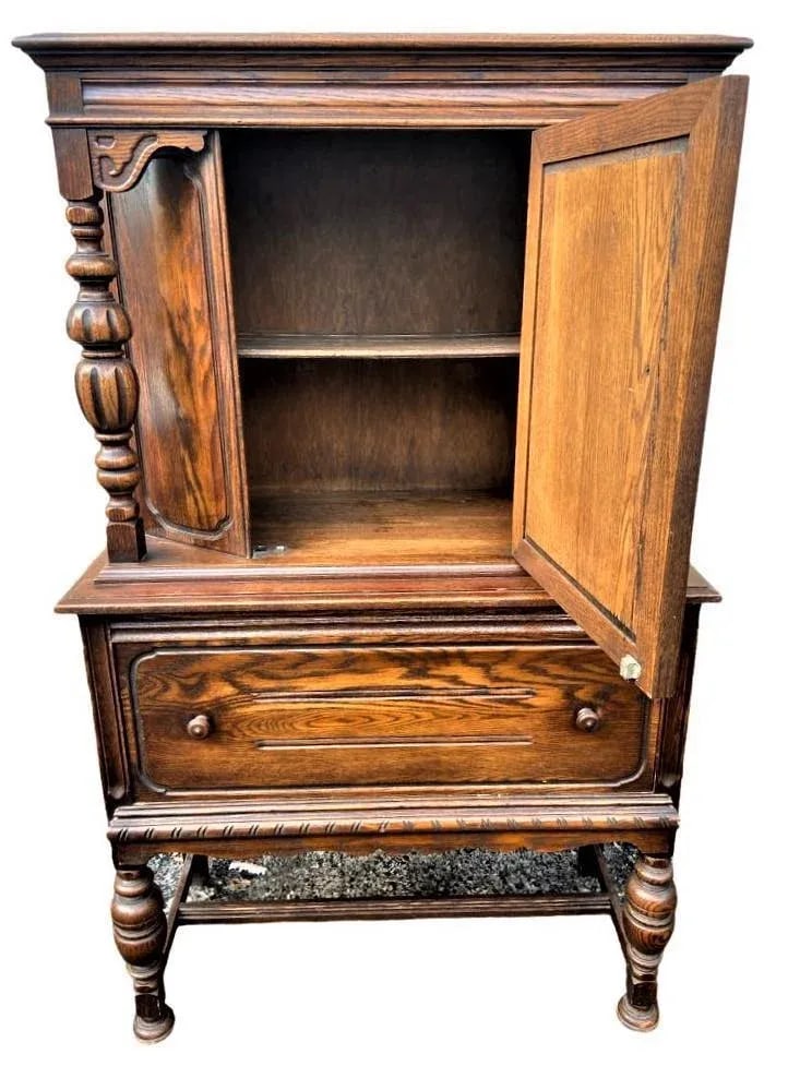 Antique Spanish Revival Solid Oak Liquor Cabinet or Linen Press - Early 20th Century - 7