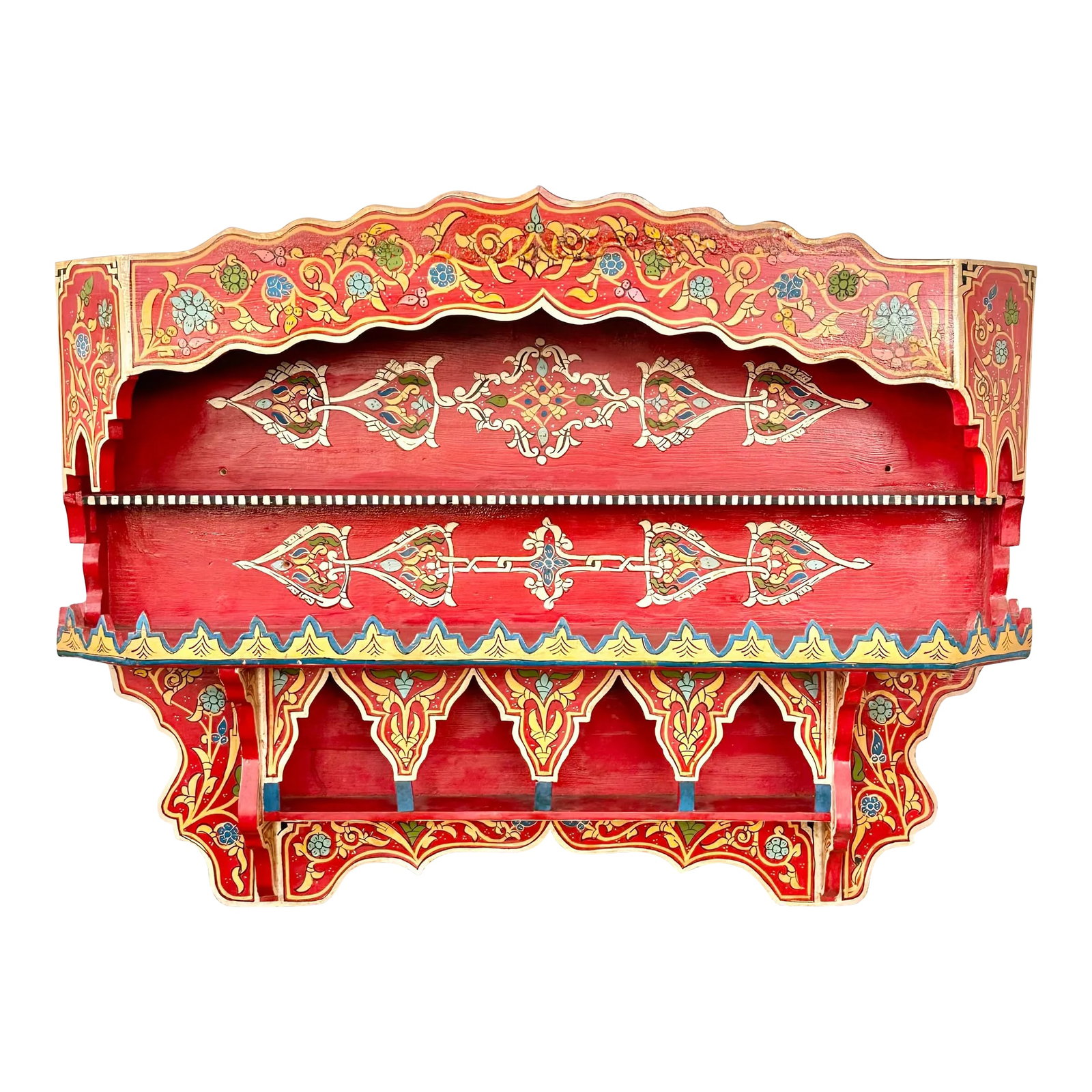 Vintage Hand Painted Moroccan Wall Shelf: Fabulous vintage Moroccan wall shelf. Hand painted. Loads of colors and details. It has three shelves for loads of storage. Can be used for tchotchkes or bath items. I also think it would be fabulous 