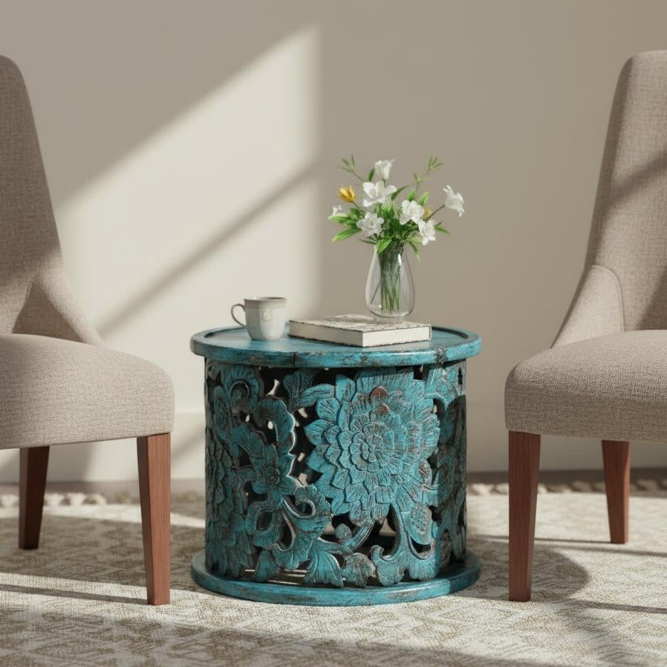 Hand Carved Lattice Distressed Blue Round Cocktail Table - 2