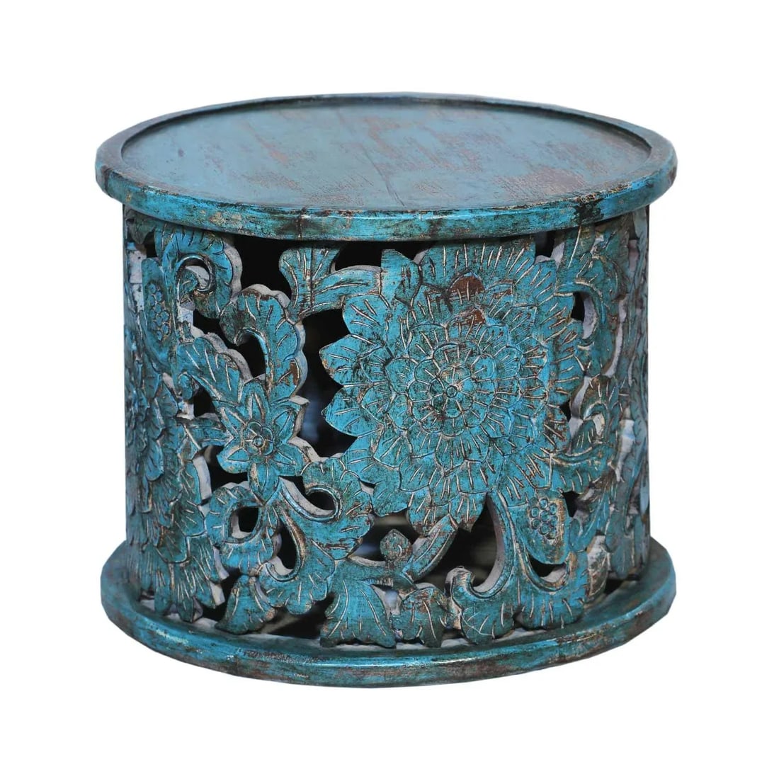 Hand Carved Lattice Distressed Blue Round Cocktail Table - 3