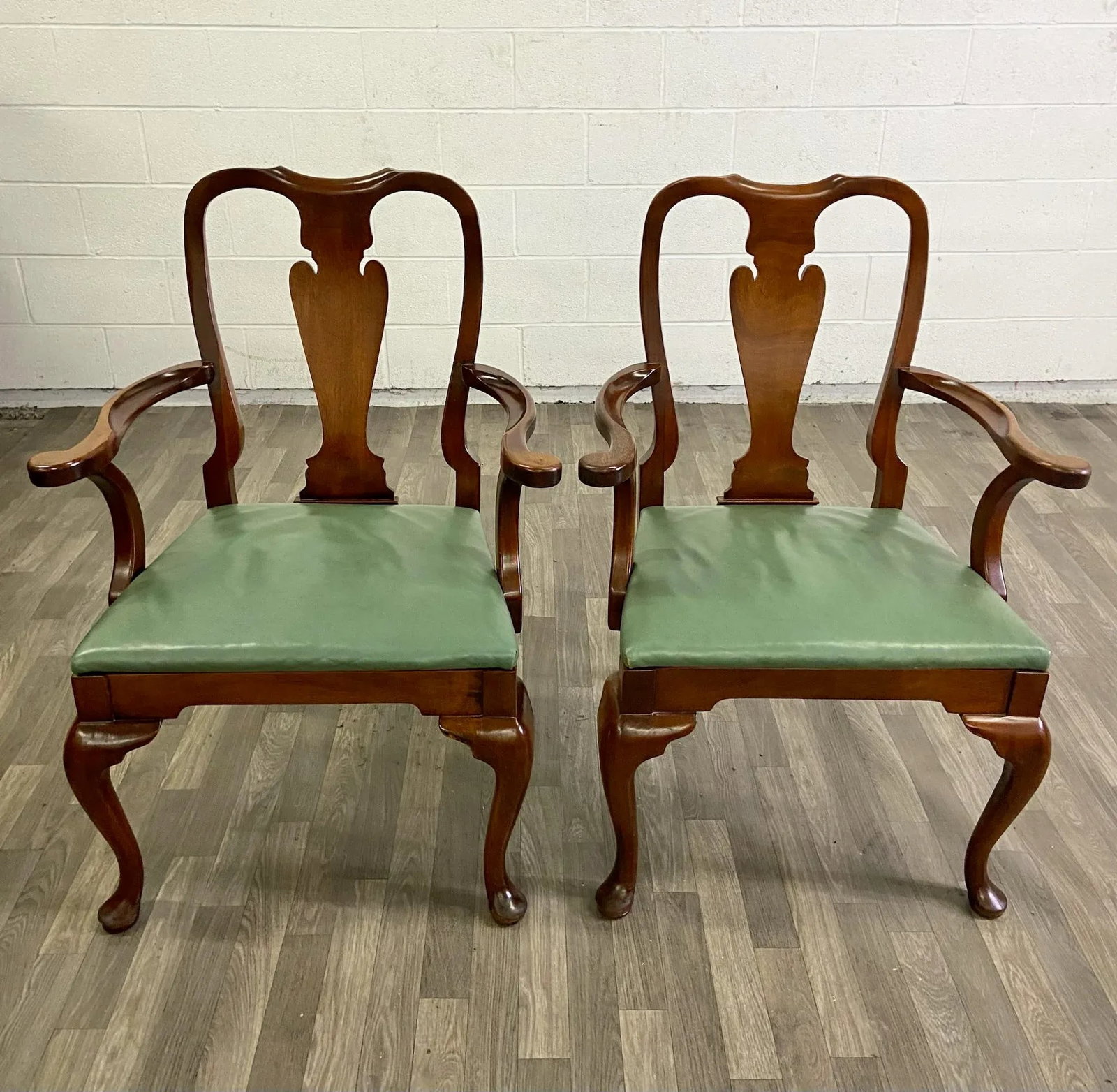 Vintage Queen Anne Wood and Vinyl Dining Arm Chairs - Pair - 2