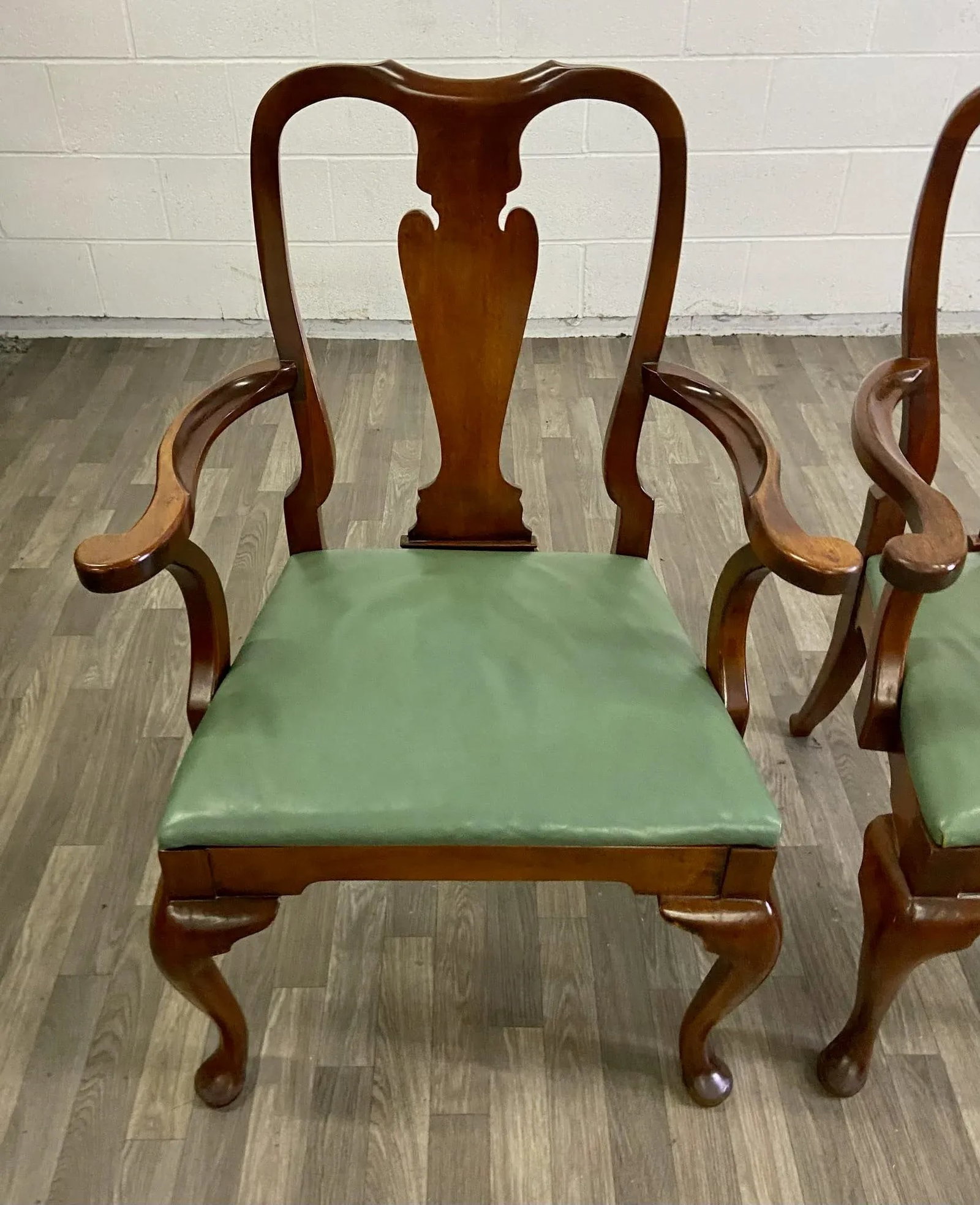 Vintage Queen Anne Wood and Vinyl Dining Arm Chairs - Pair - 3