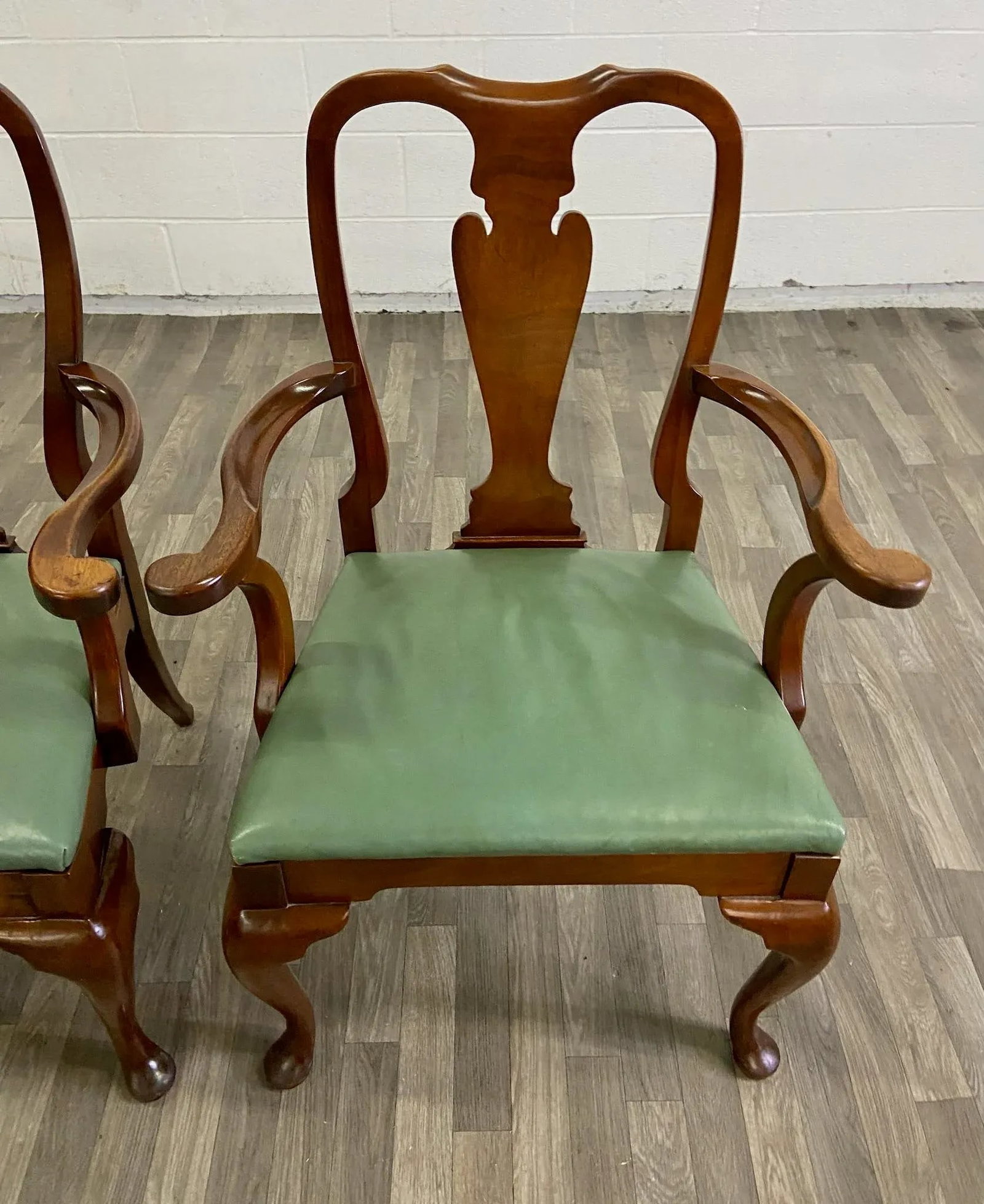 Vintage Queen Anne Wood and Vinyl Dining Arm Chairs - Pair - 4