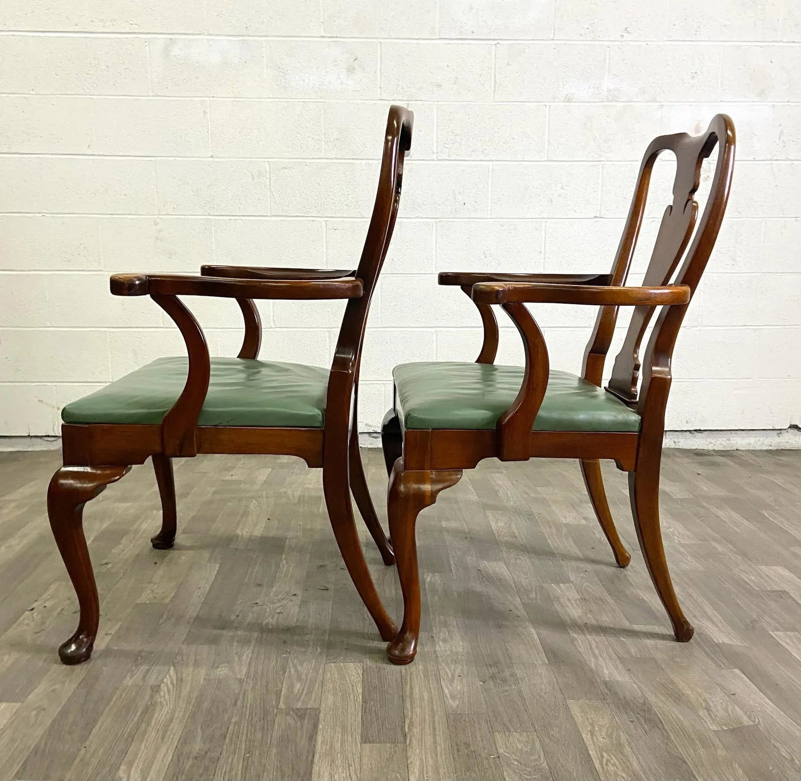 Vintage Queen Anne Wood and Vinyl Dining Arm Chairs - Pair - 5
