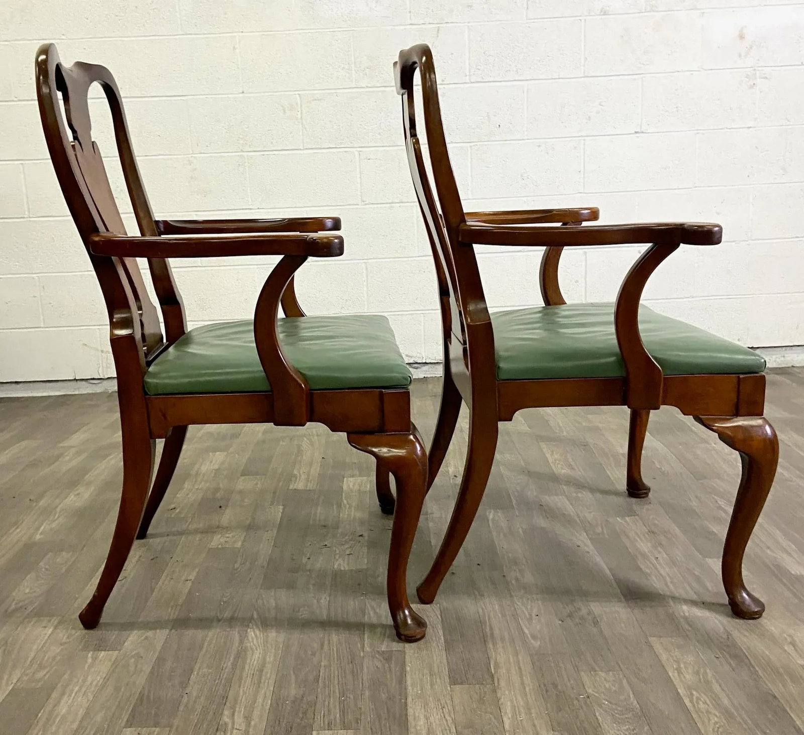 Vintage Queen Anne Wood and Vinyl Dining Arm Chairs - Pair - 6