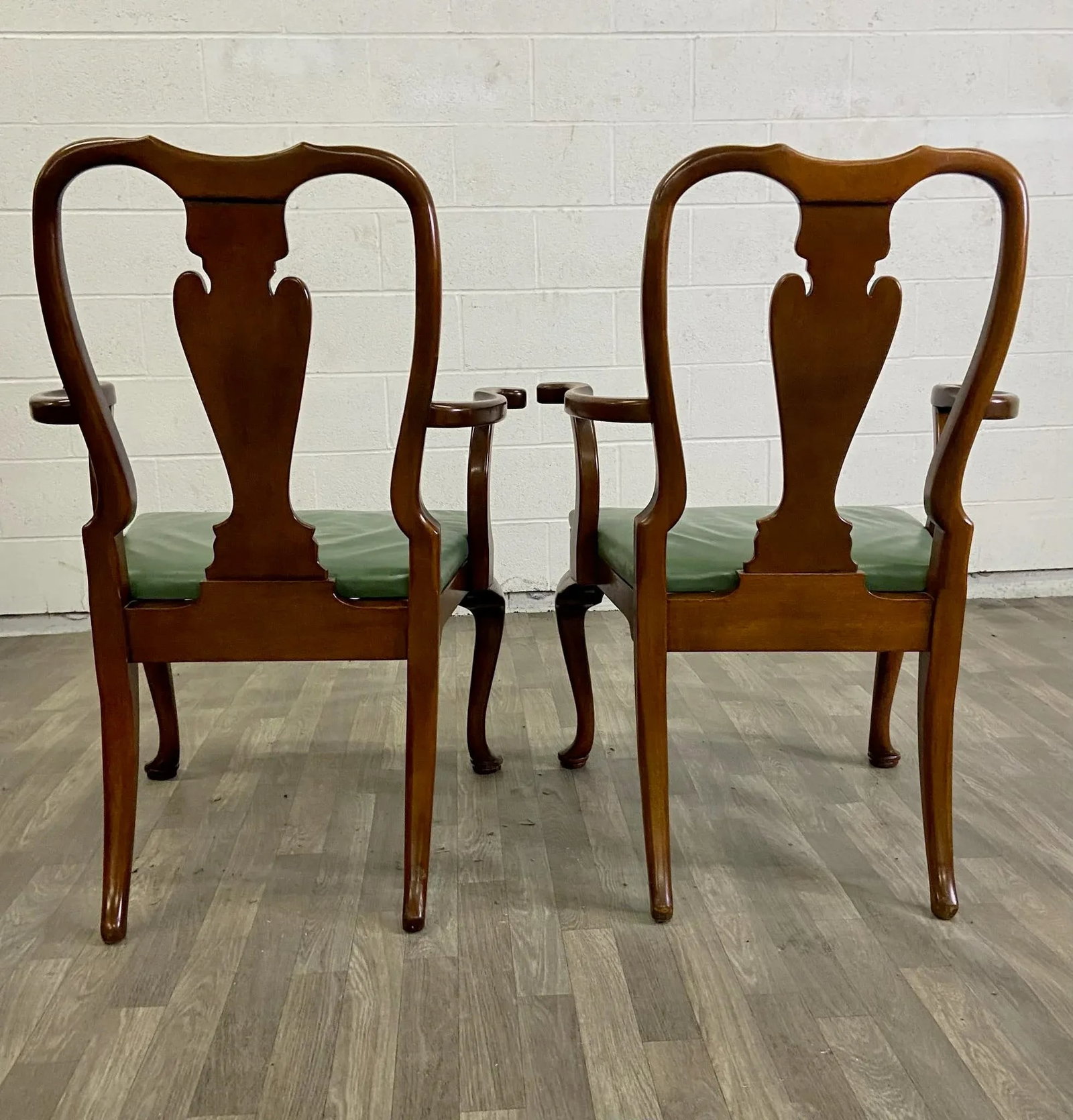Vintage Queen Anne Wood and Vinyl Dining Arm Chairs - Pair - 7