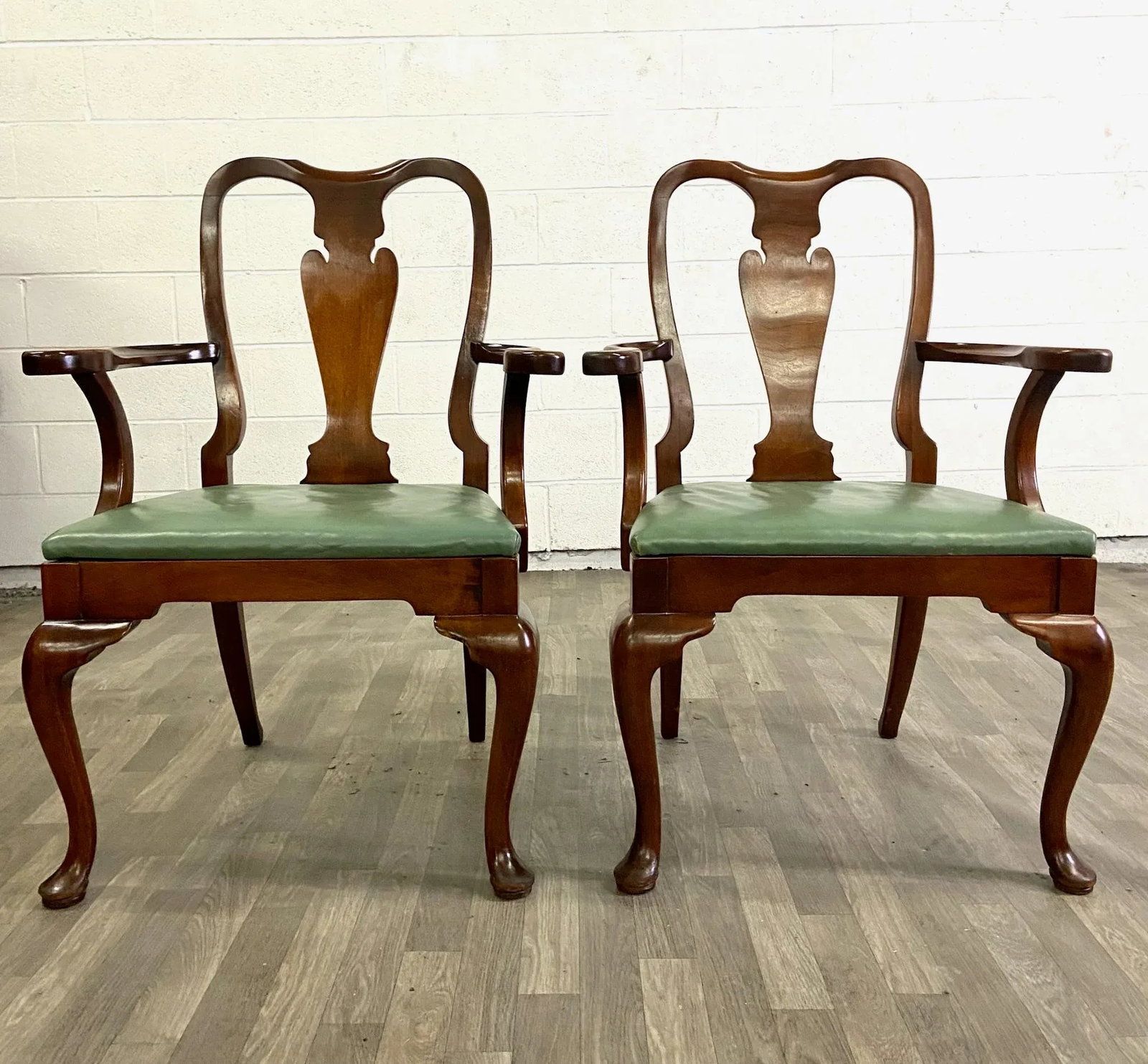 Vintage Queen Anne Wood and Vinyl Dining Arm Chairs - Pair - 8