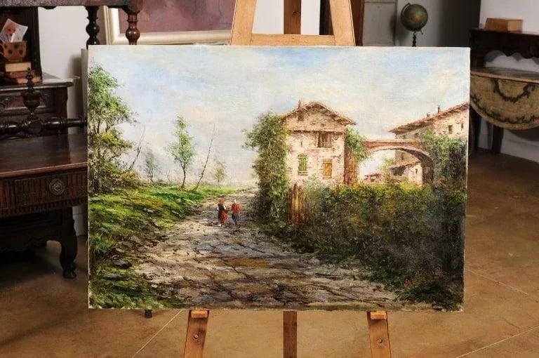 19th Century Austrian Oil Painting Depicting a Farm Scene with Two Maidens by Anton Brioschi - 3