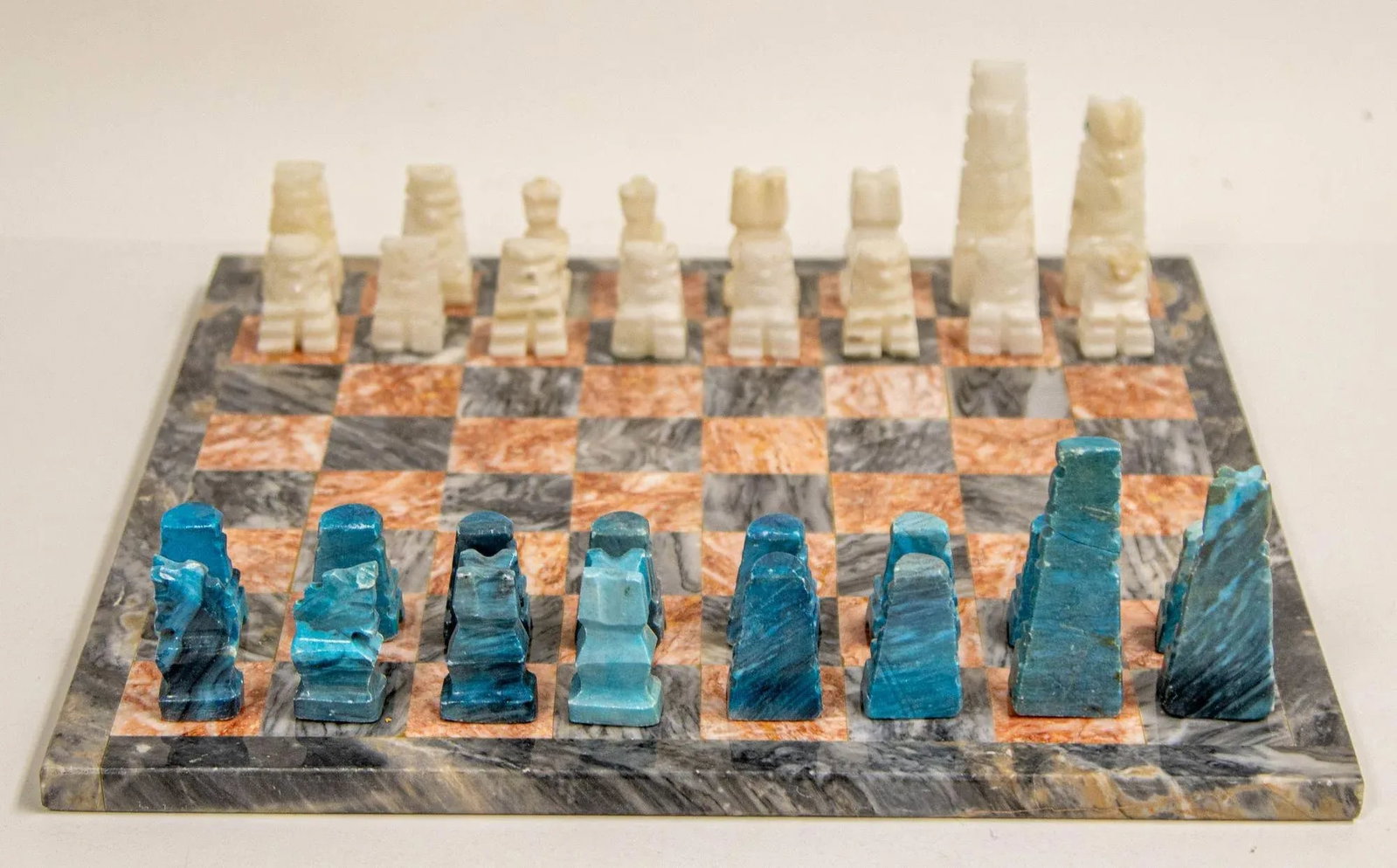 Vintage Marble Chess Set With Hand-Carved Turquoise and White Onyx Pieces - 2