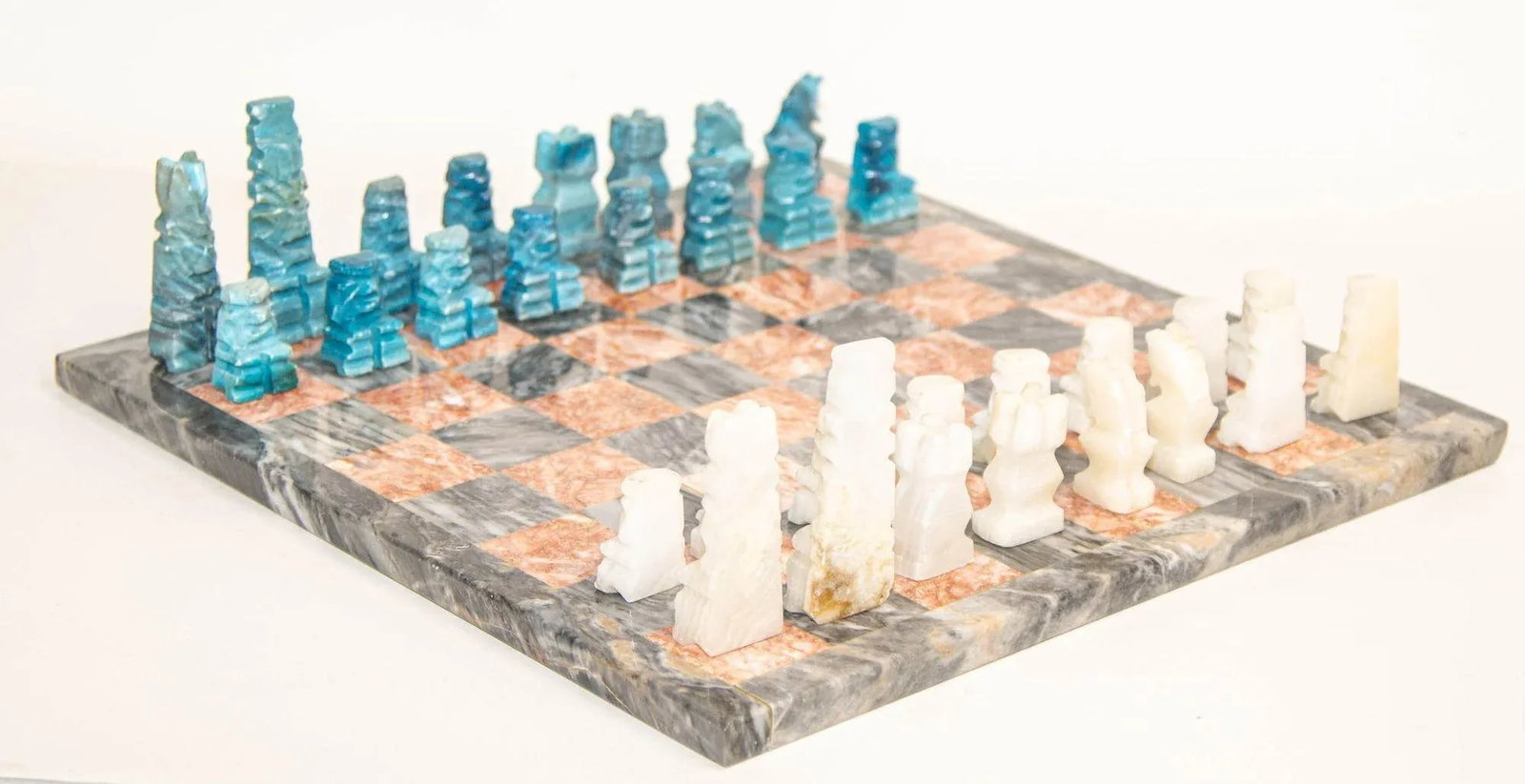 Vintage Marble Chess Set With Hand-Carved Turquoise and White Onyx Pieces - 3