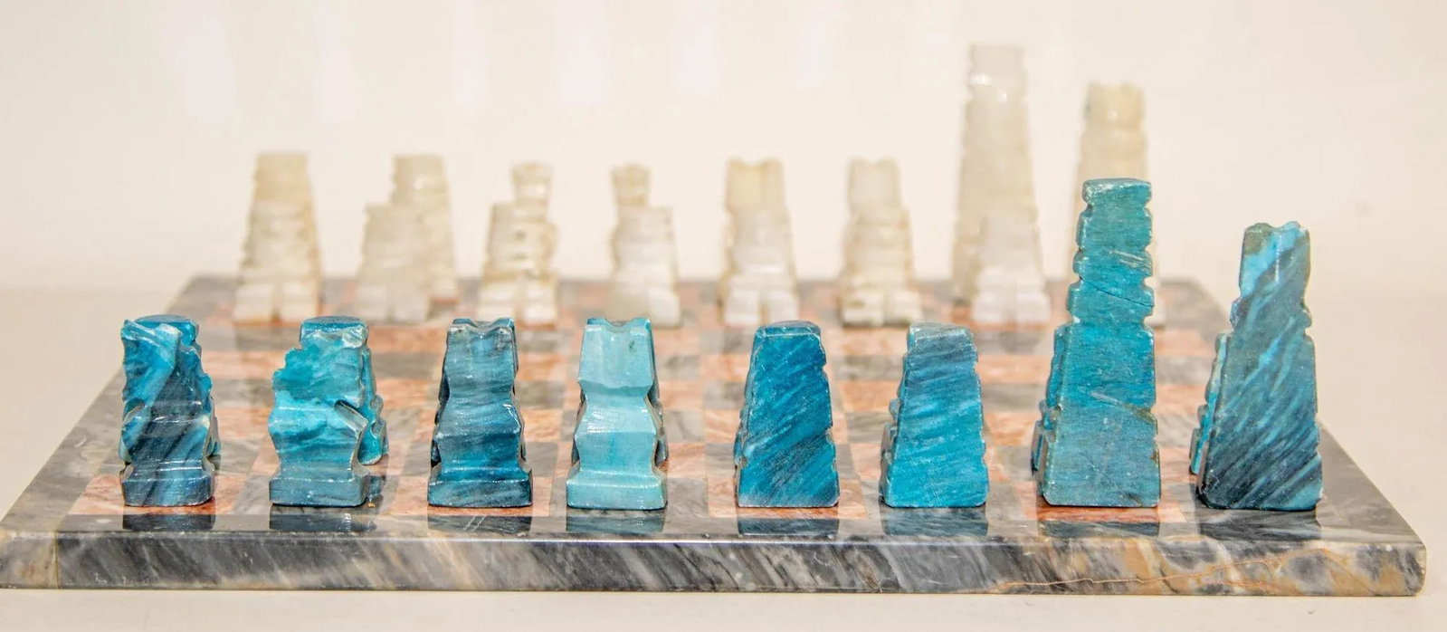 Vintage Marble Chess Set With Hand-Carved Turquoise and White Onyx Pieces - 6