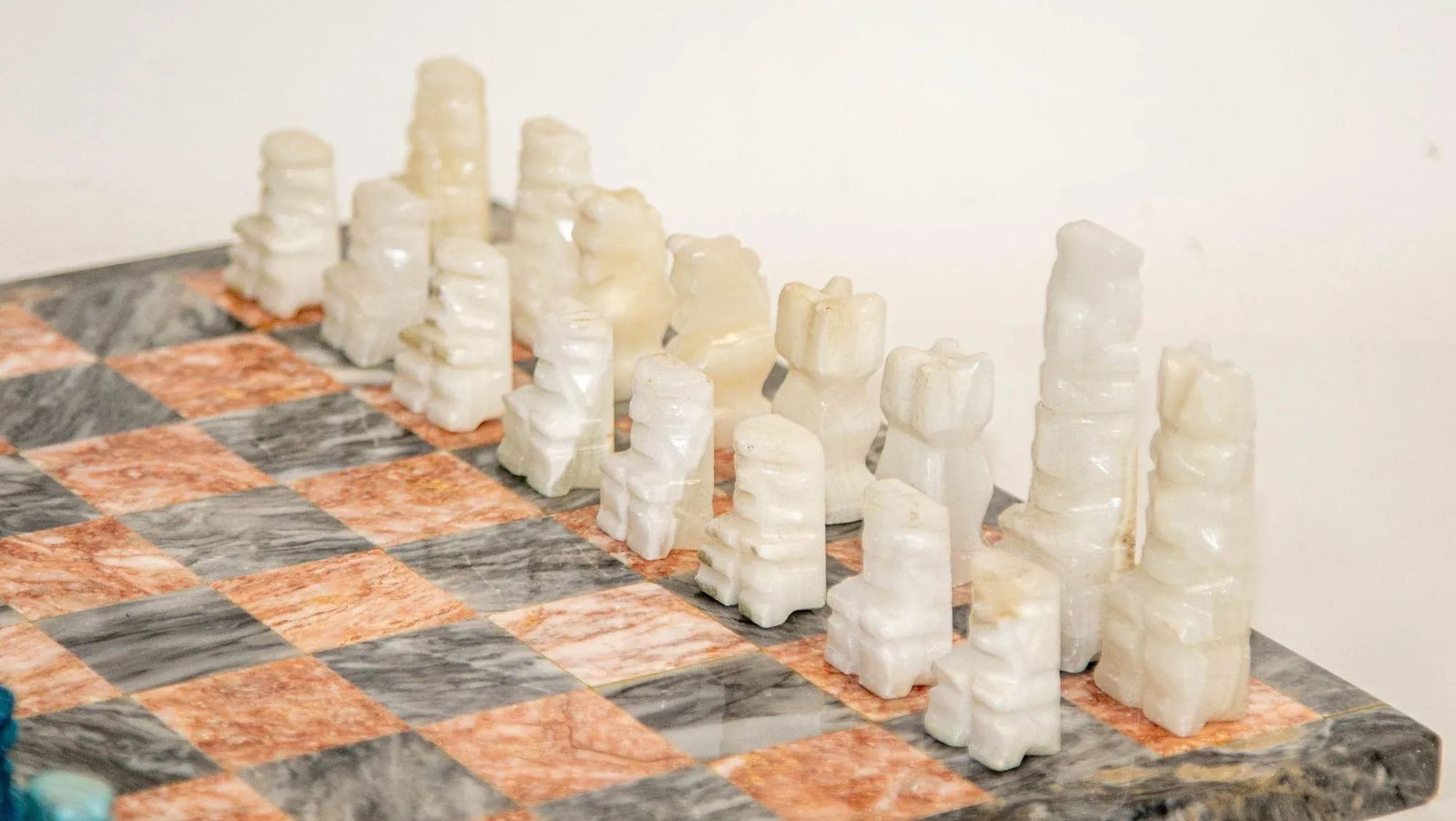 Vintage Marble Chess Set With Hand-Carved Turquoise and White Onyx Pieces - 7
