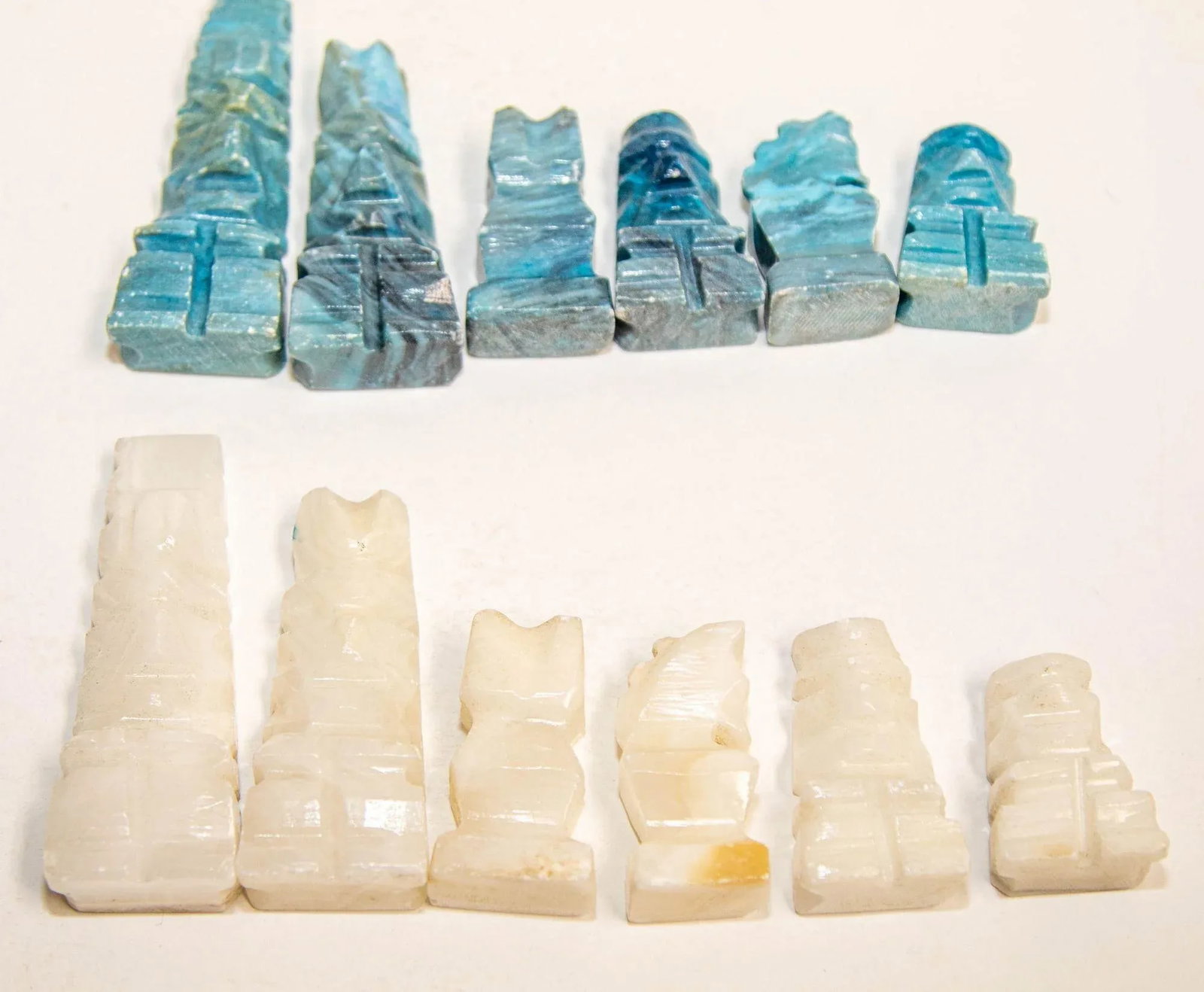 Vintage Marble Chess Set With Hand-Carved Turquoise and White Onyx Pieces - 8