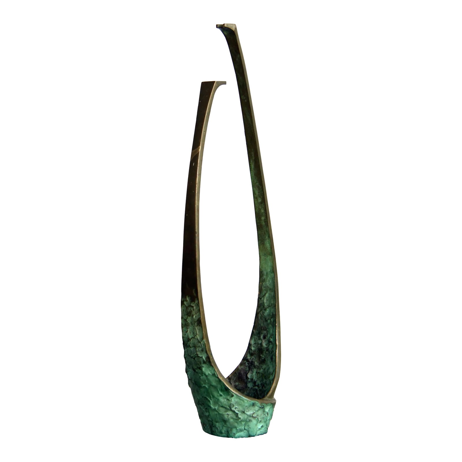 Mid Century Modern Abstract Bronze Single Stem Rose Flower Holder: Beautiful vintage c.1992 limited edition patinated bronze sculptural flower holder by artist and sculpter, Nicholas L. Burke! It has a great modernist form, quite abstract, and if you were so inclined