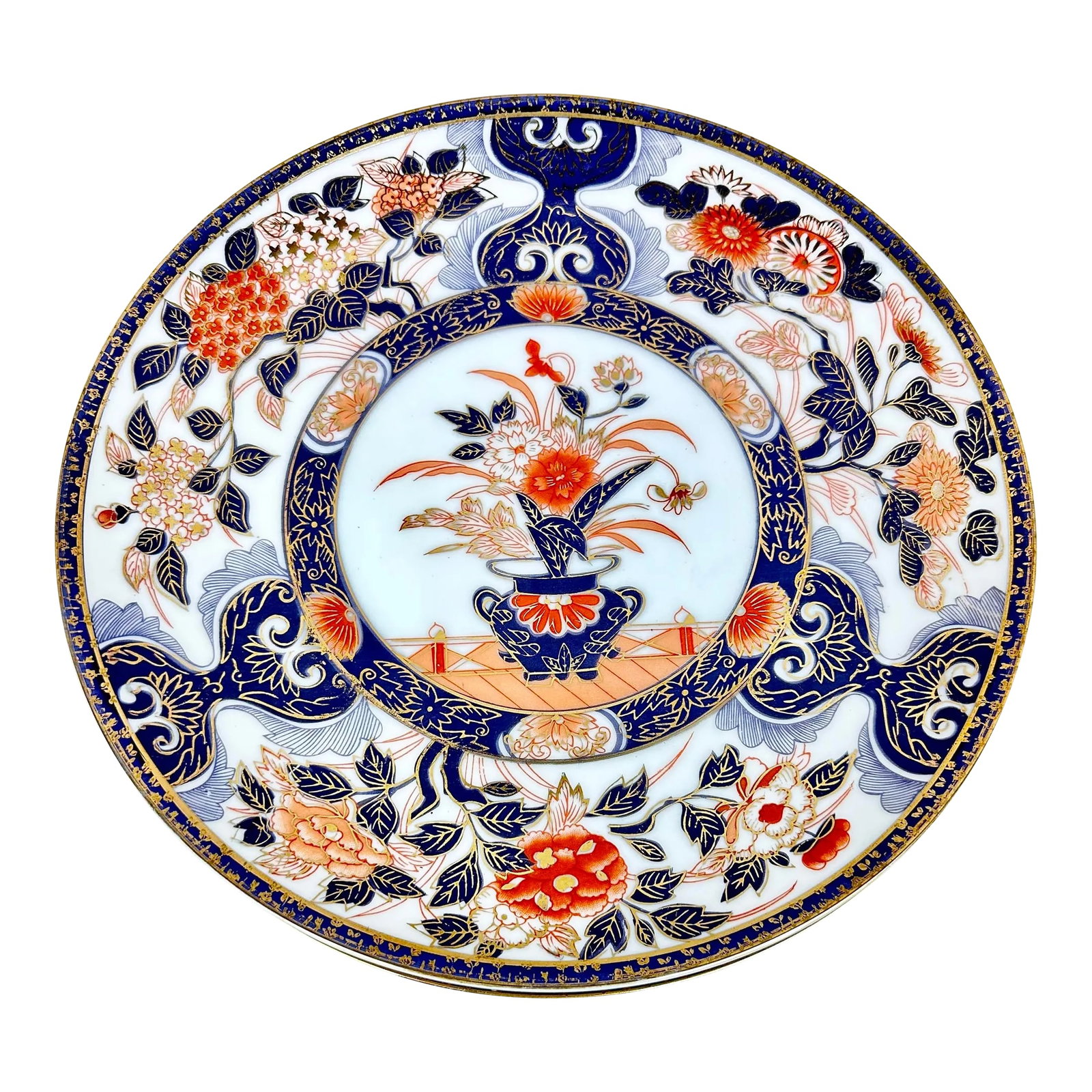 Antique Imari Chinoiserie Plates-Set of 3: Stunning antique Imari dining plates, set of 3. Navy coloring with orange, gold and white accents. Perfect to use as dinner plates or to hang on a plate wall. These are pre-owned items so please see