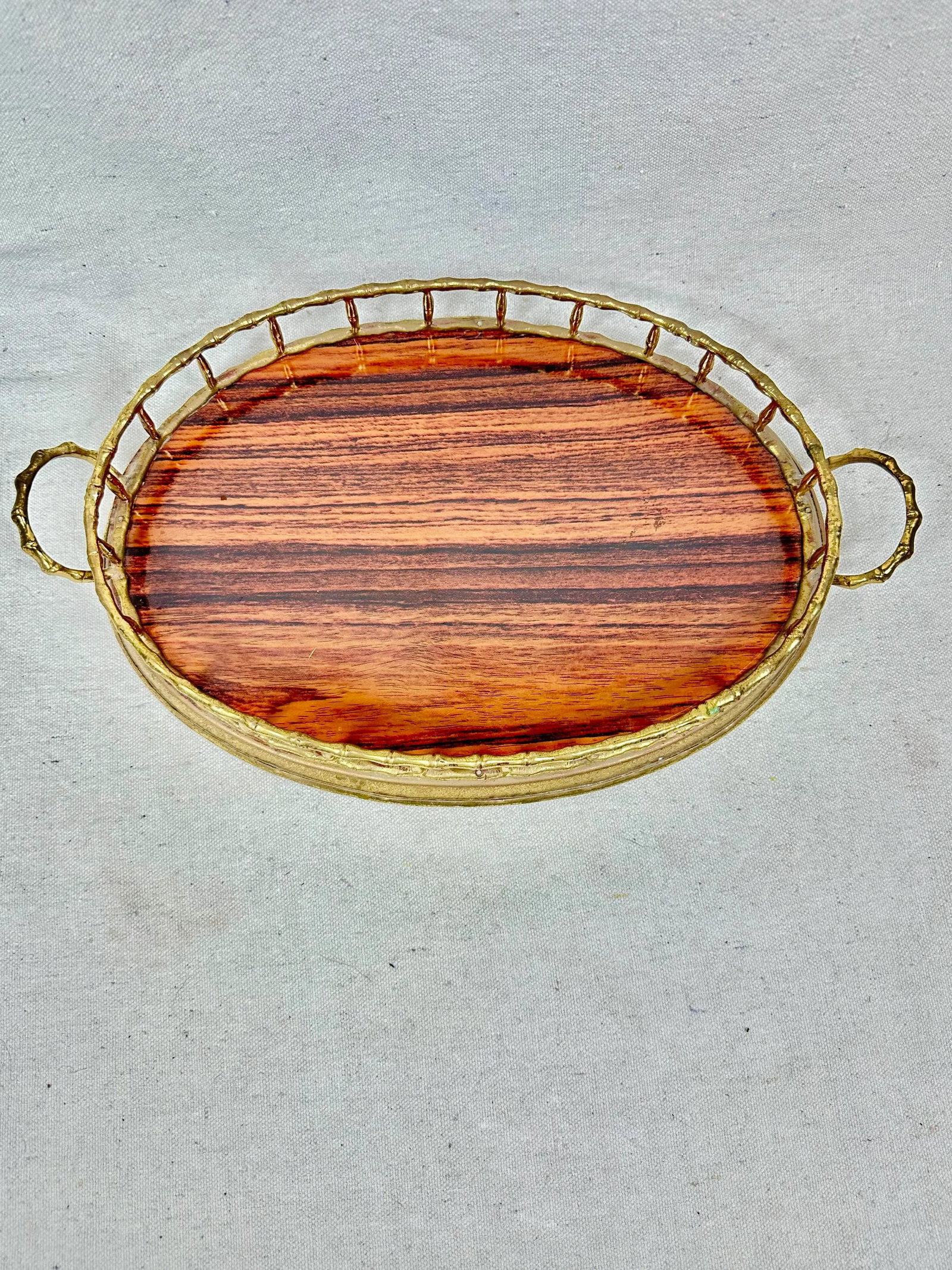 Vintage Faux Bamboo Brass and Faux Wood Tray - 2