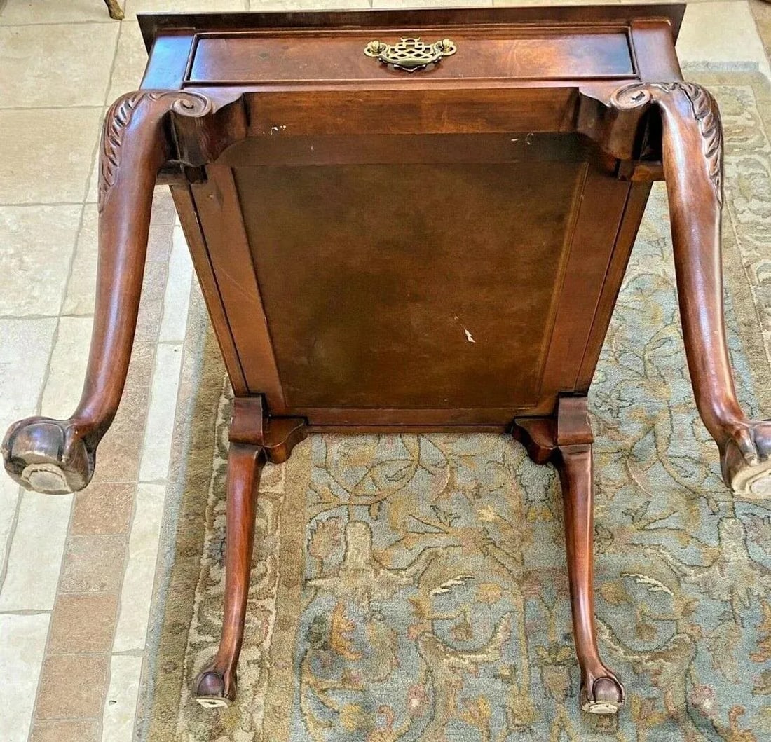 1980s Baker Furniture Square Table Drawer Banded Mahogany Chippendale Ball Claw Legs - 2