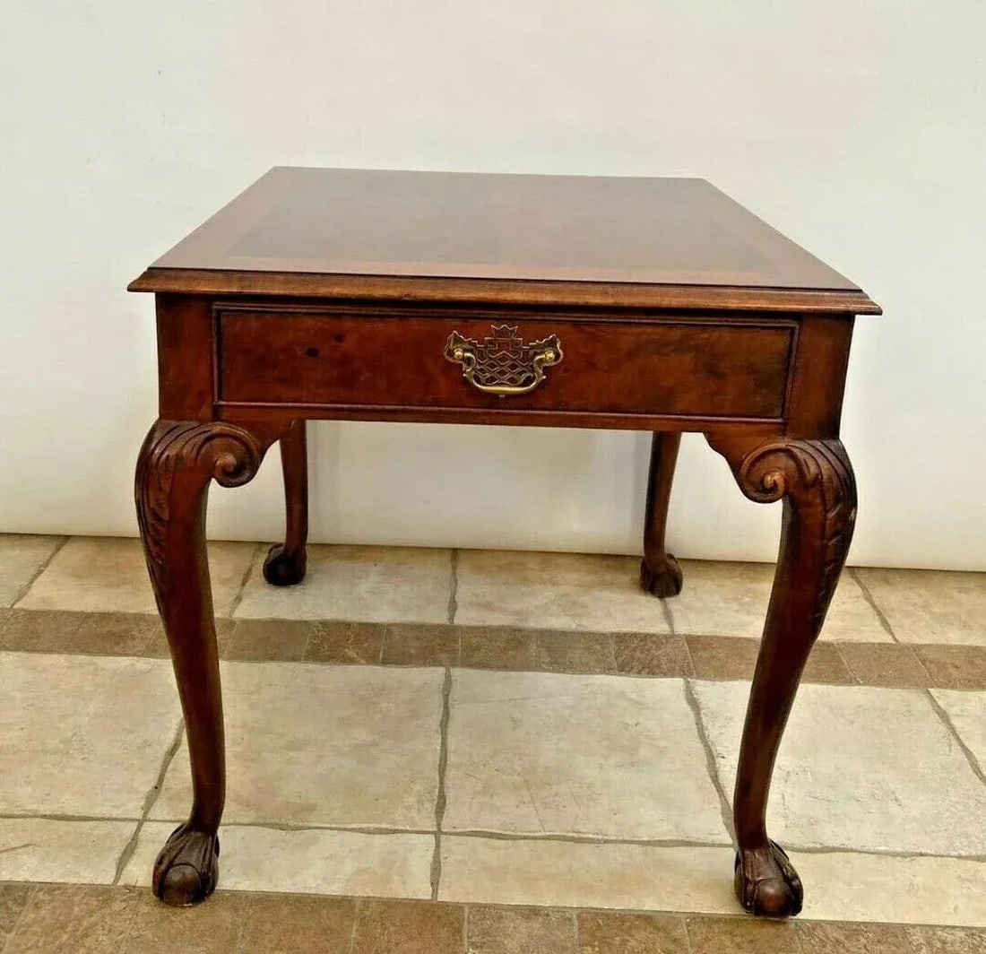 1980s Baker Furniture Square Table Drawer Banded Mahogany Chippendale Ball Claw Legs - 3