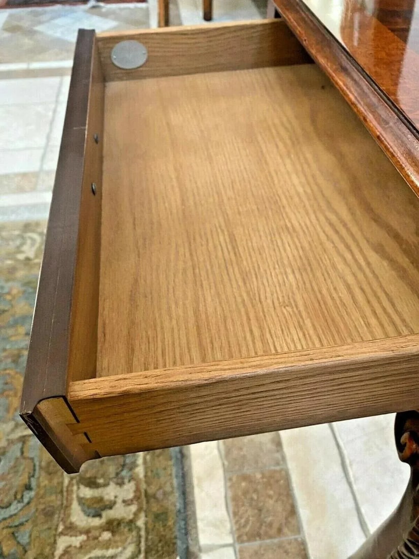 1980s Baker Furniture Square Table Drawer Banded Mahogany Chippendale Ball Claw Legs - 4