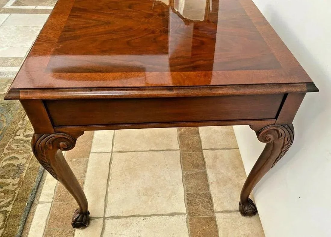 1980s Baker Furniture Square Table Drawer Banded Mahogany Chippendale Ball Claw Legs - 5