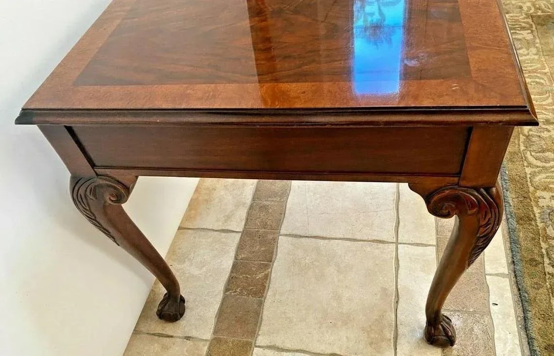 1980s Baker Furniture Square Table Drawer Banded Mahogany Chippendale Ball Claw Legs - 6