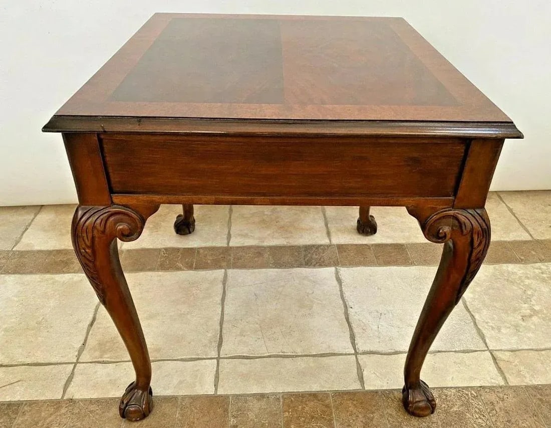 1980s Baker Furniture Square Table Drawer Banded Mahogany Chippendale Ball Claw Legs - 7
