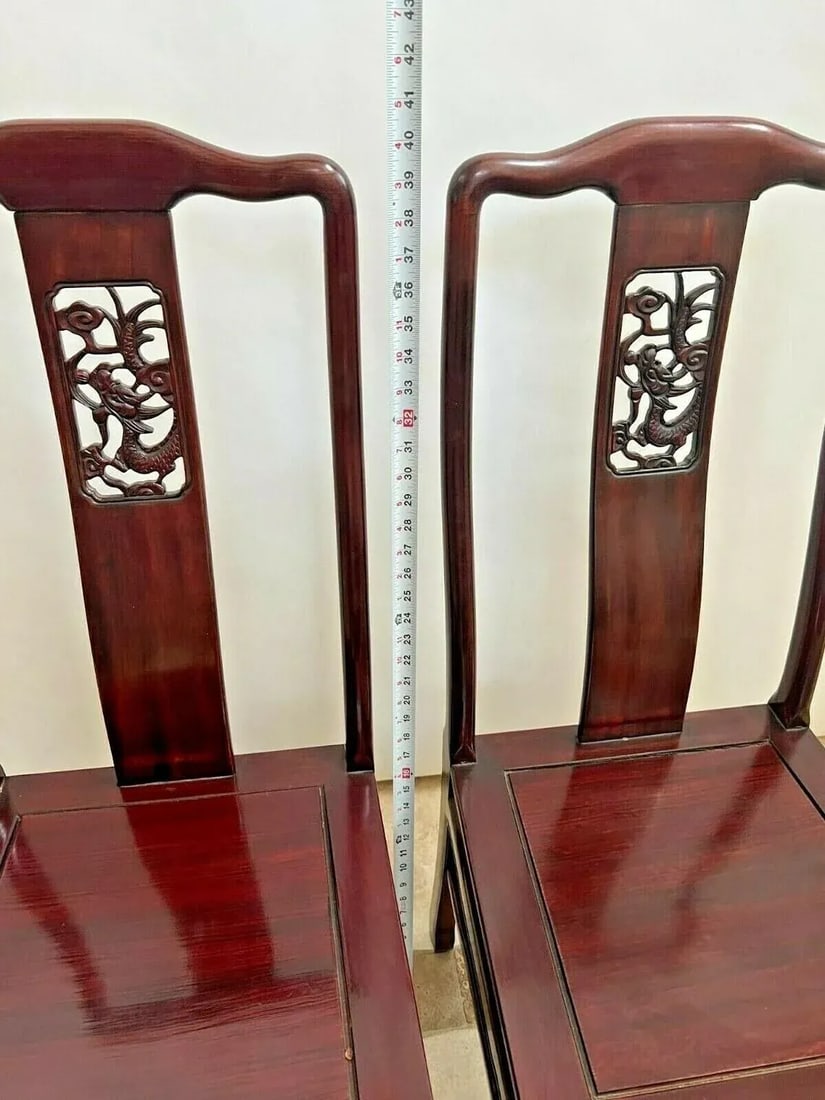 1960s Vintage Side Chairs Asian Theme Dragon Carved Back Solid Mahogany - a Pair - 3