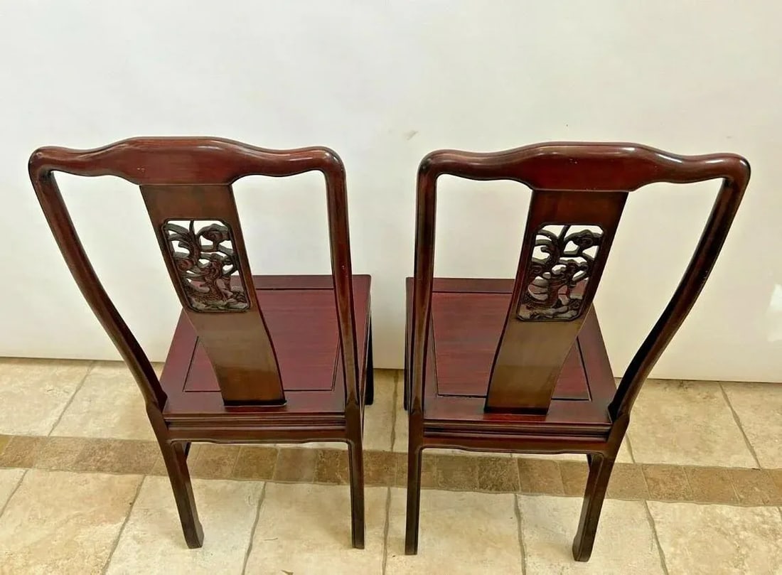 1960s Vintage Side Chairs Asian Theme Dragon Carved Back Solid Mahogany - a Pair - 6