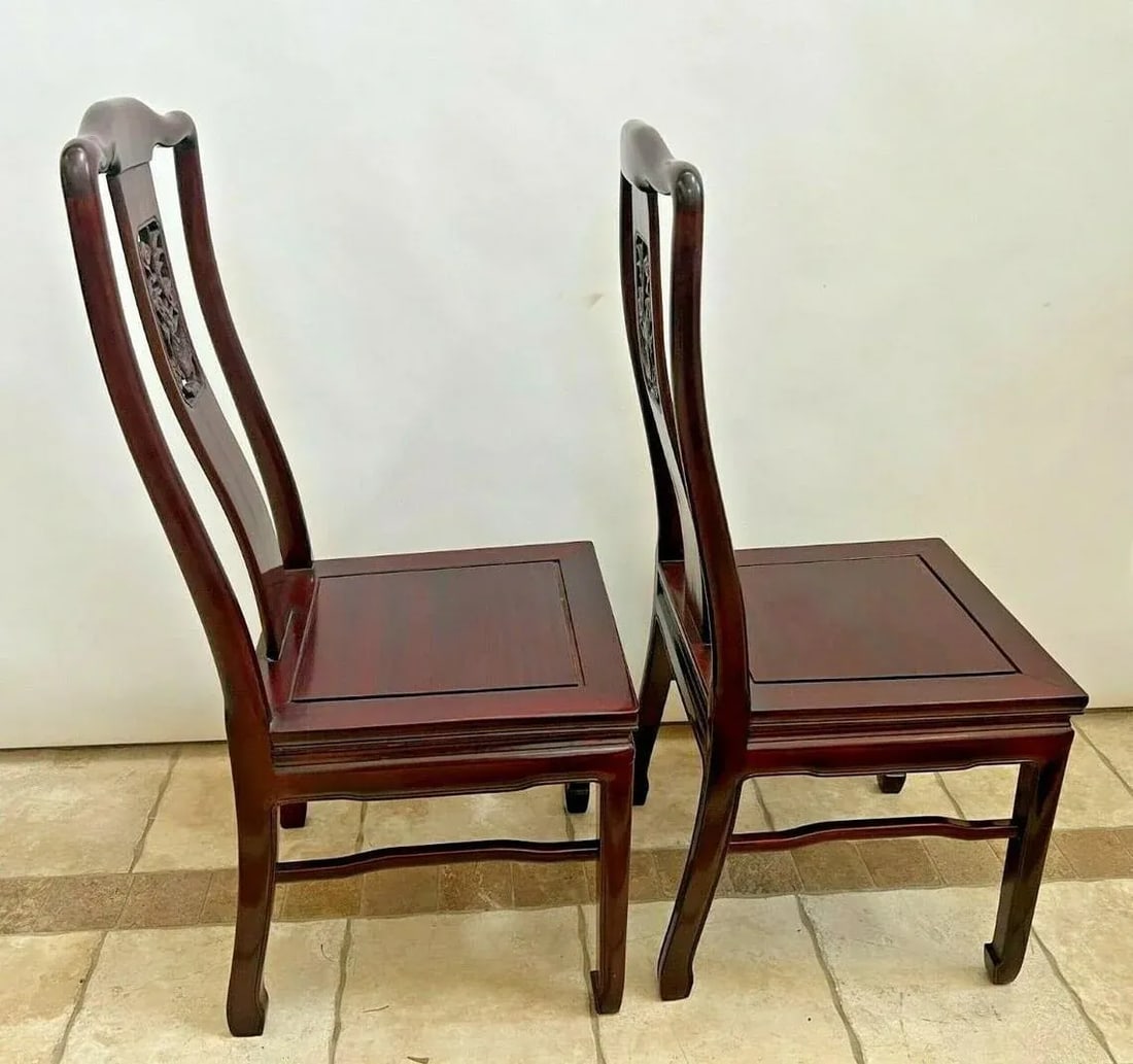 1960s Vintage Side Chairs Asian Theme Dragon Carved Back Solid Mahogany - a Pair - 7